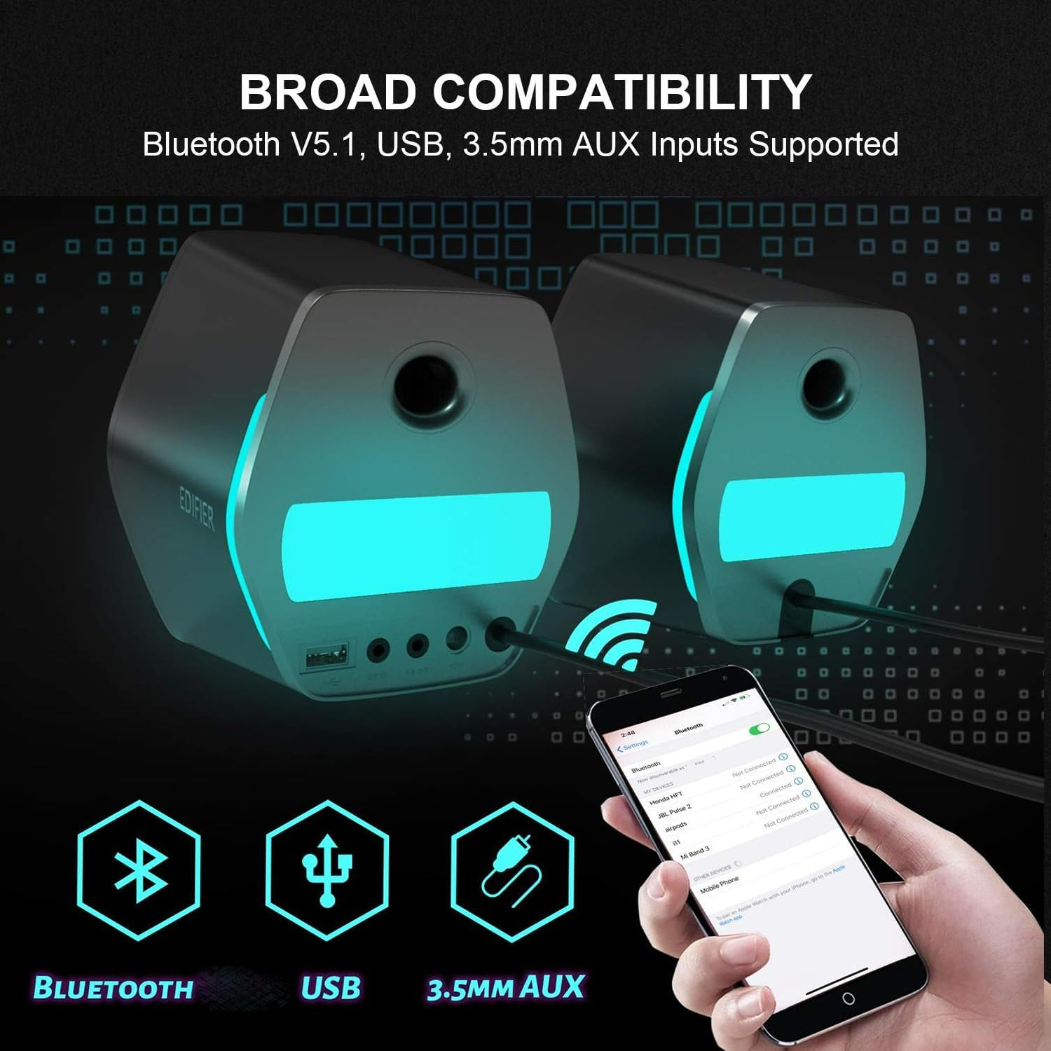 Edifier G2000 32W Computer Speaker, PC Gaming Speaker for Desktop with Subout Port, Hi-Fi Sound, EQ Mode, Bluetooth 5.1, USB, 3.5Mm Aux Inputs, RGB Lights - Black - Black image number 6