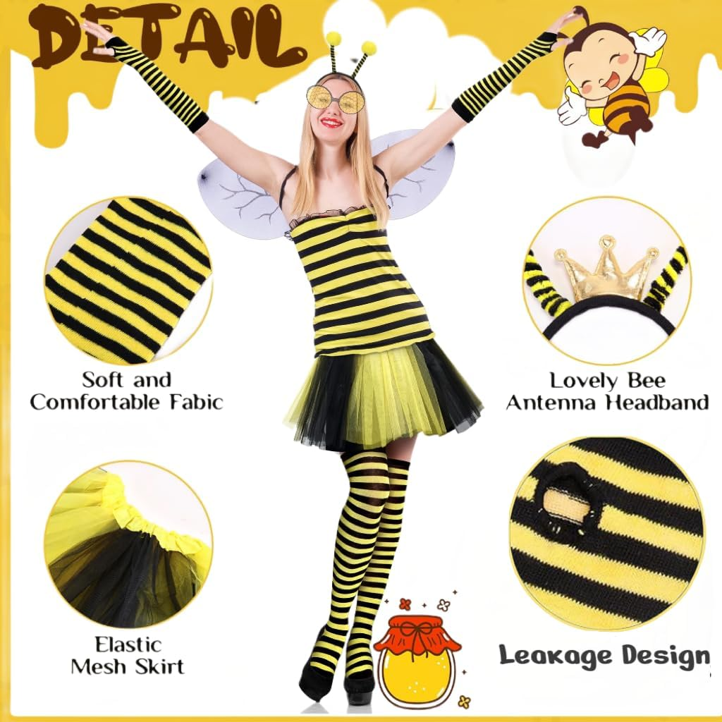 AUTOWT Adult Halloween Bee Costume Set, 5 PCS Queen Bee Dress up Accessories Kit for Women with Fancy Tutu Skirt Striped Leg Warmers Antenna Headband Gloves Glasses for Party Carnival Fun Cosplay image number 4