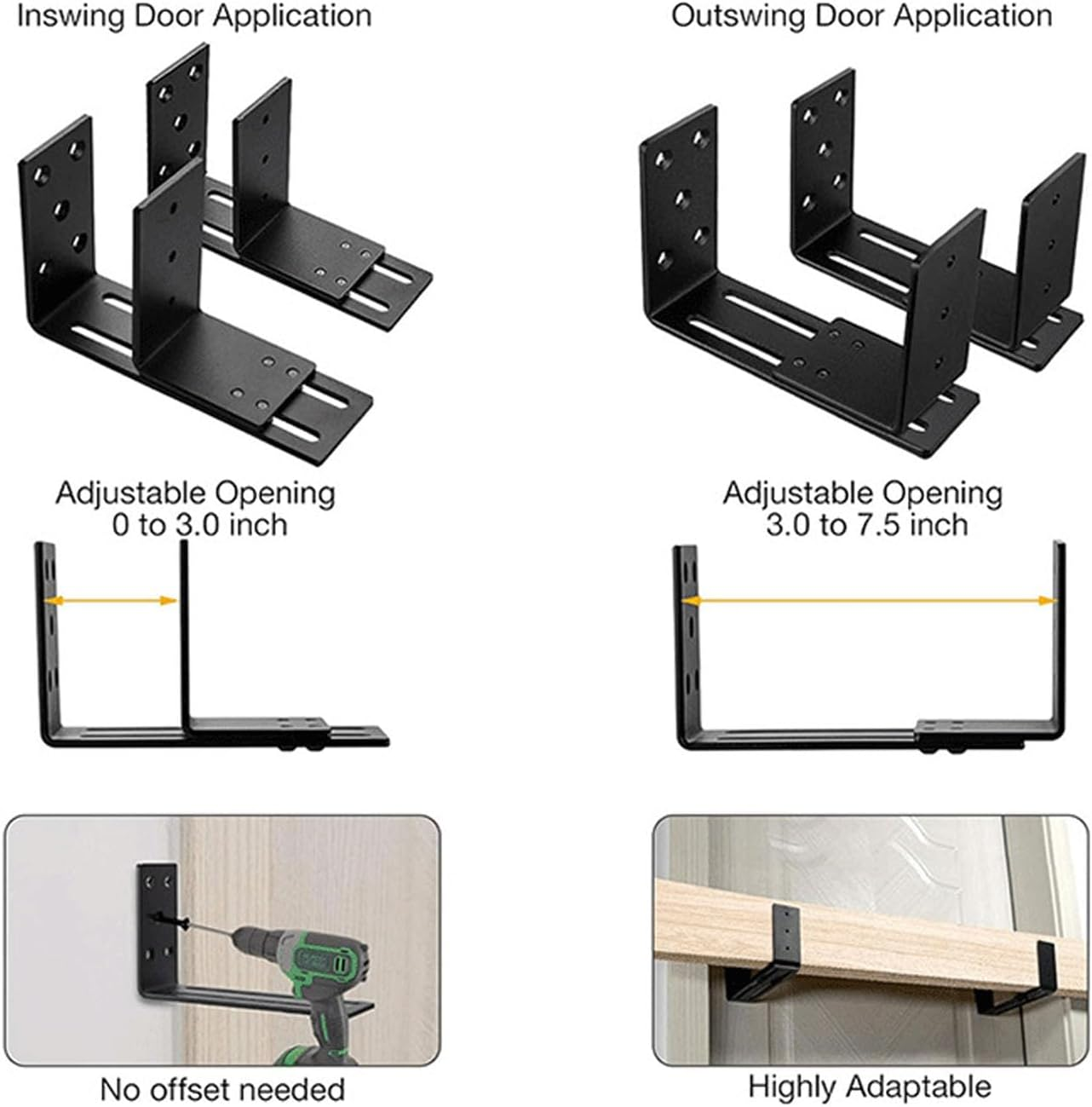 Jiawu Adjustable Door Barricade Brackets, Heavy Duty Drop Open Bar Holder, U Bracket, Black, Carbon Steel, Door Mount image number 6