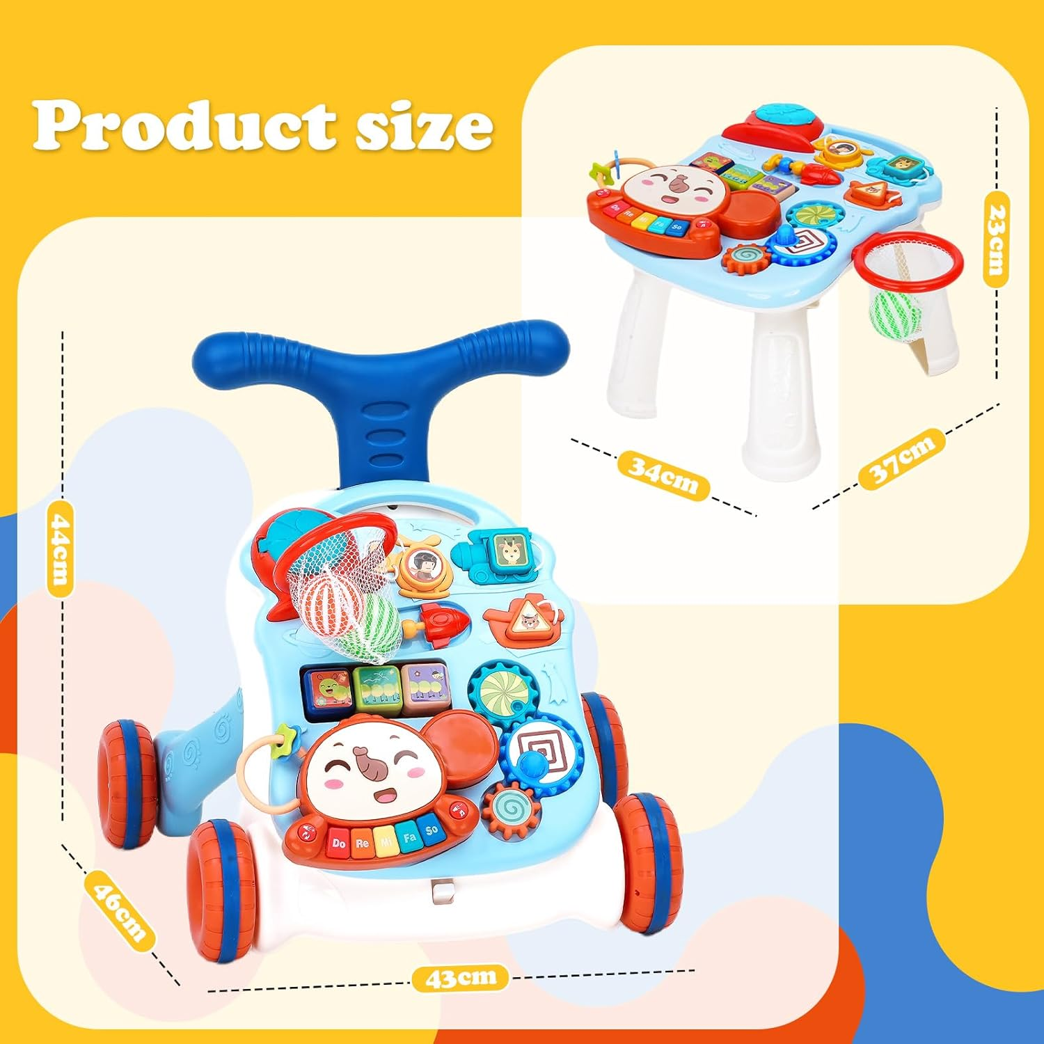 2 in 1 Baby Walker, Educational Baby Activity Center with Detachable Game Panel, Toddler Push Toy with Music Learning Toy for Infant Boys Girls