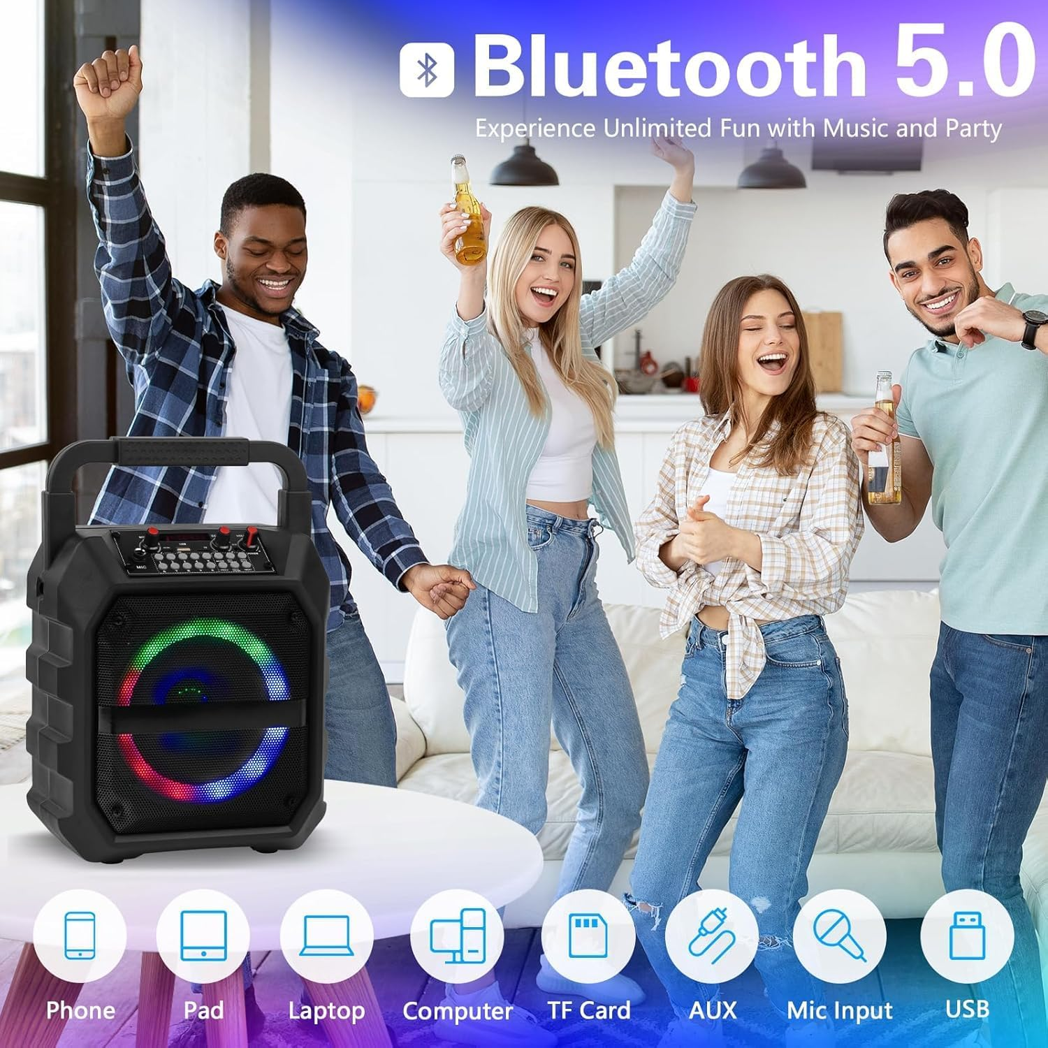 Karaoke Machine,Potable Bluetooth Stero Speaker, Singing Machine with 2 Wireless Microphones LED Lights for Home Party Meeting Adults Kids Supports USB/TF/AUX/REC/FM image number 5
