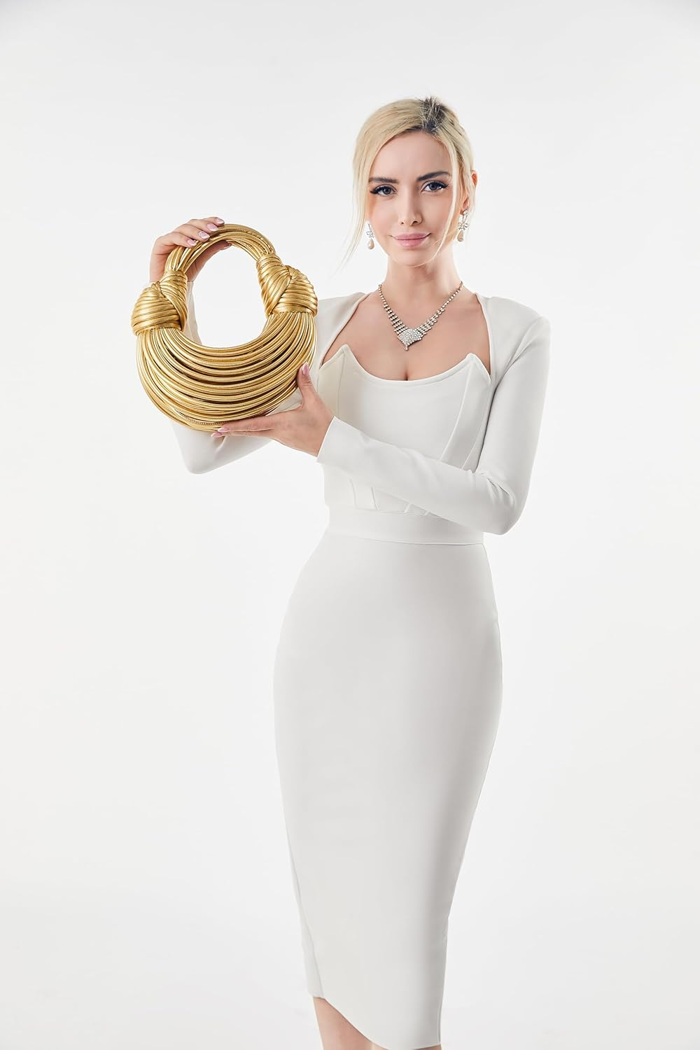 Tngan Women Woven Handbag PVC Leather Satchel Creative Noodles Style Fashion Crossbody Bag - Gold image number 6