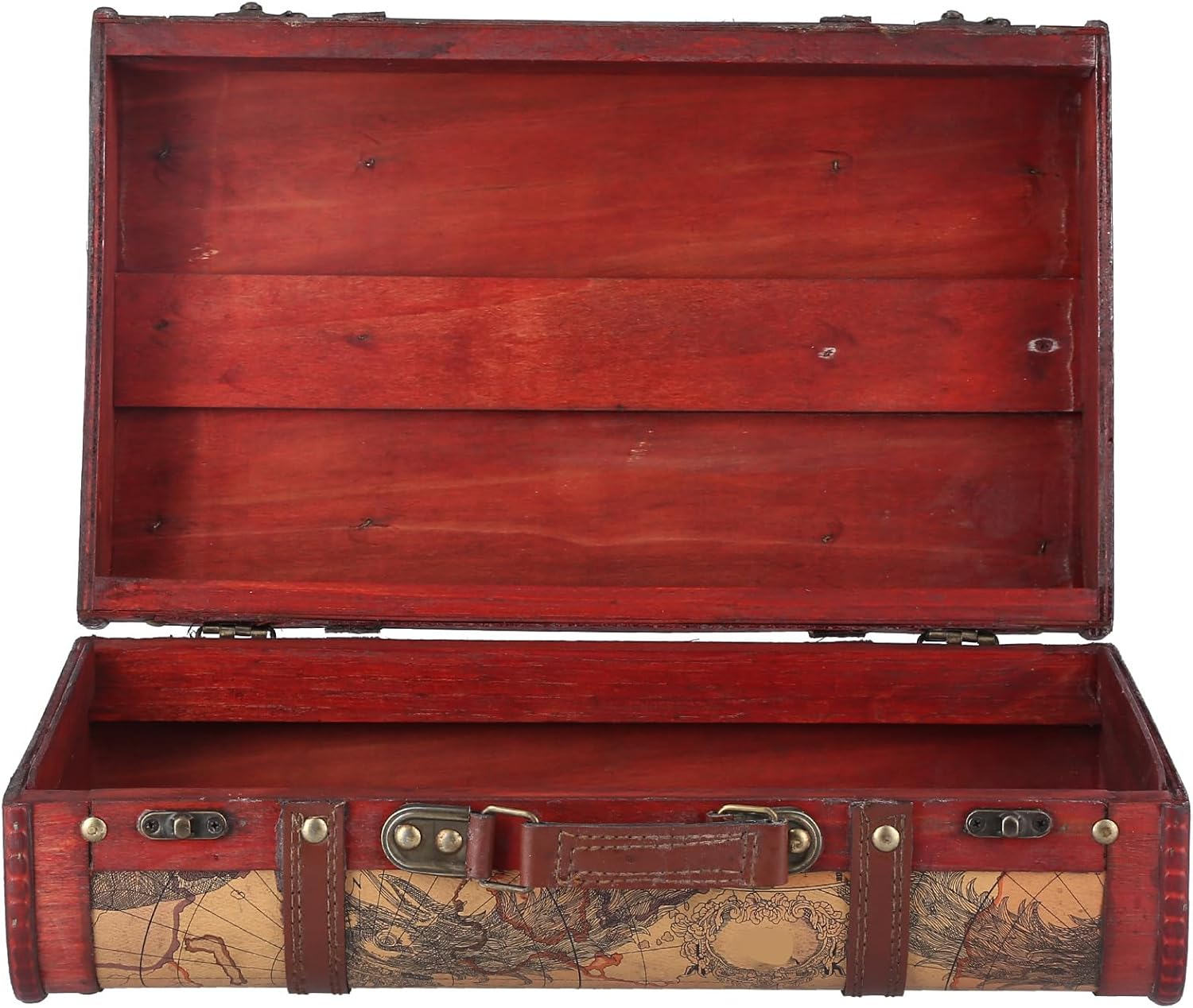 Vintage Suitcase Portable Wood Map Pattern Retro Storage Chest Home Decoration
