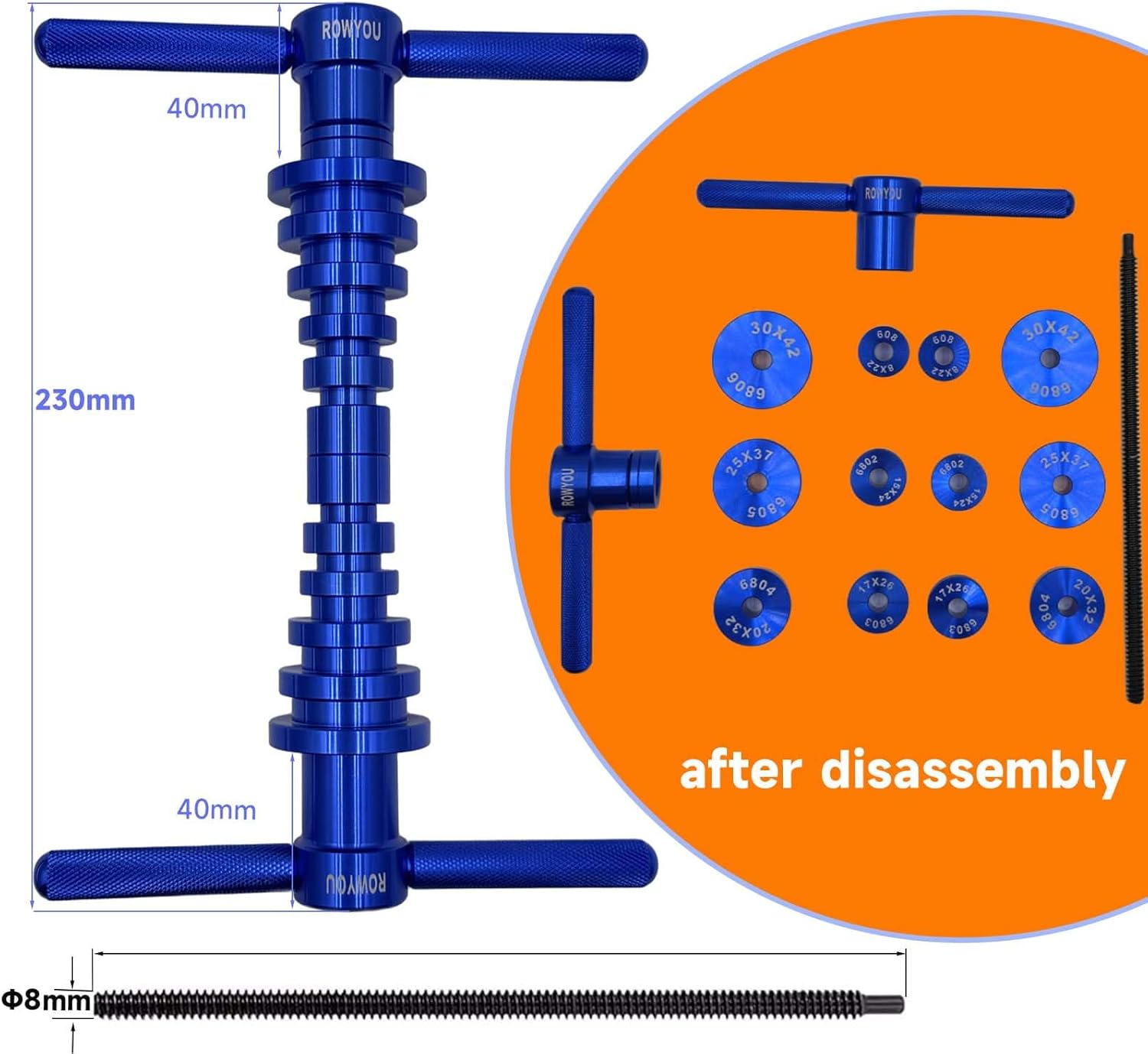 Bike Bearing Press Kit, ROWYOU Bicycle Bearing Press Set Include 35 Bearing Adapters & Bike Headset Press Tool & Carry Case, Heavy Duty Bike Tool for Wheels/Hub BB Axis Turning Point Tool image number 1