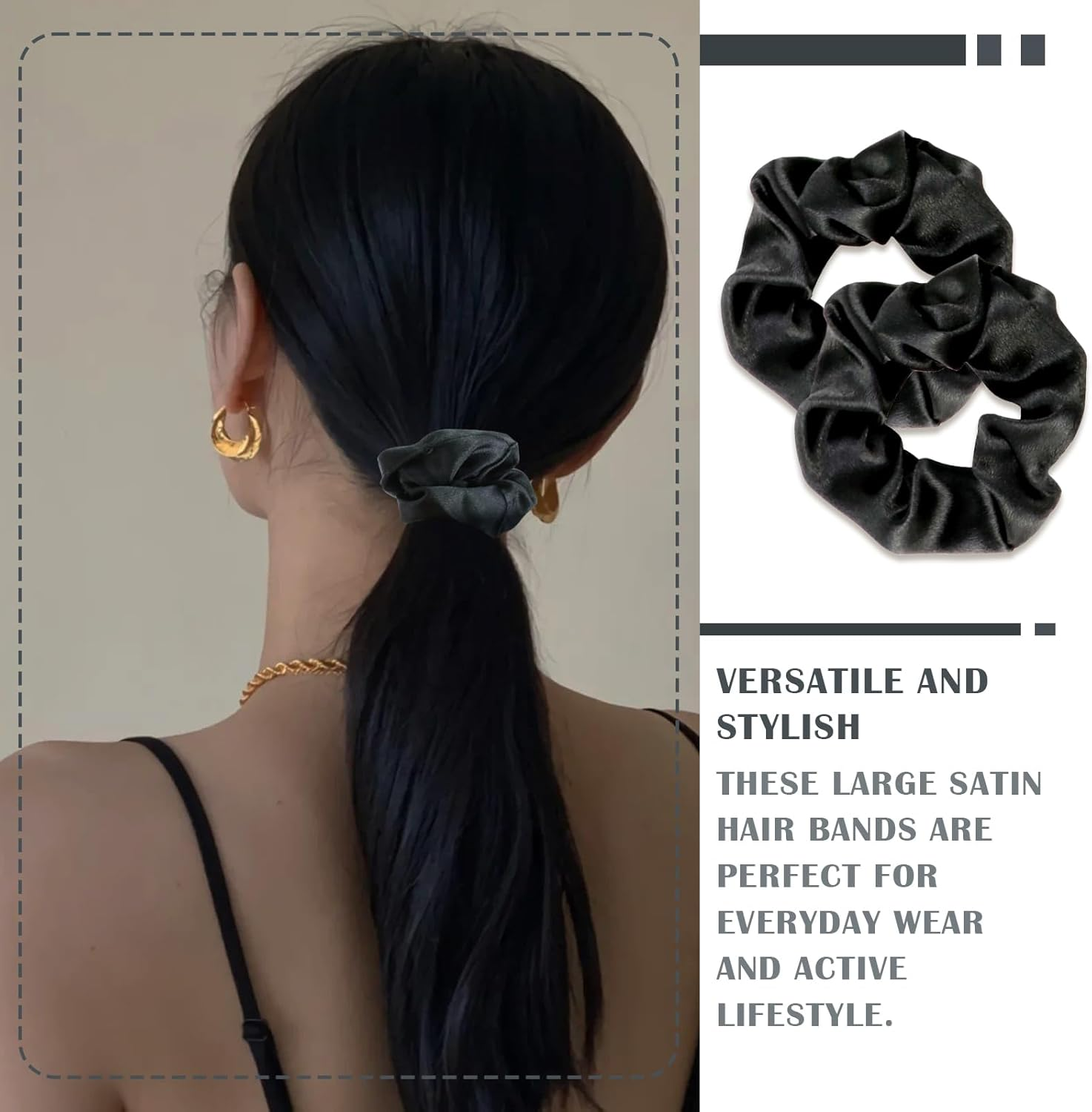 FERCAISH Pack of 5 Satin Hair Bobbles, Scrunchies Silk, Large Velvet Hair Bobbles, Elastic Hair Bands, Thick Hair Scrunchies for Women and Girls (Black) image number 3