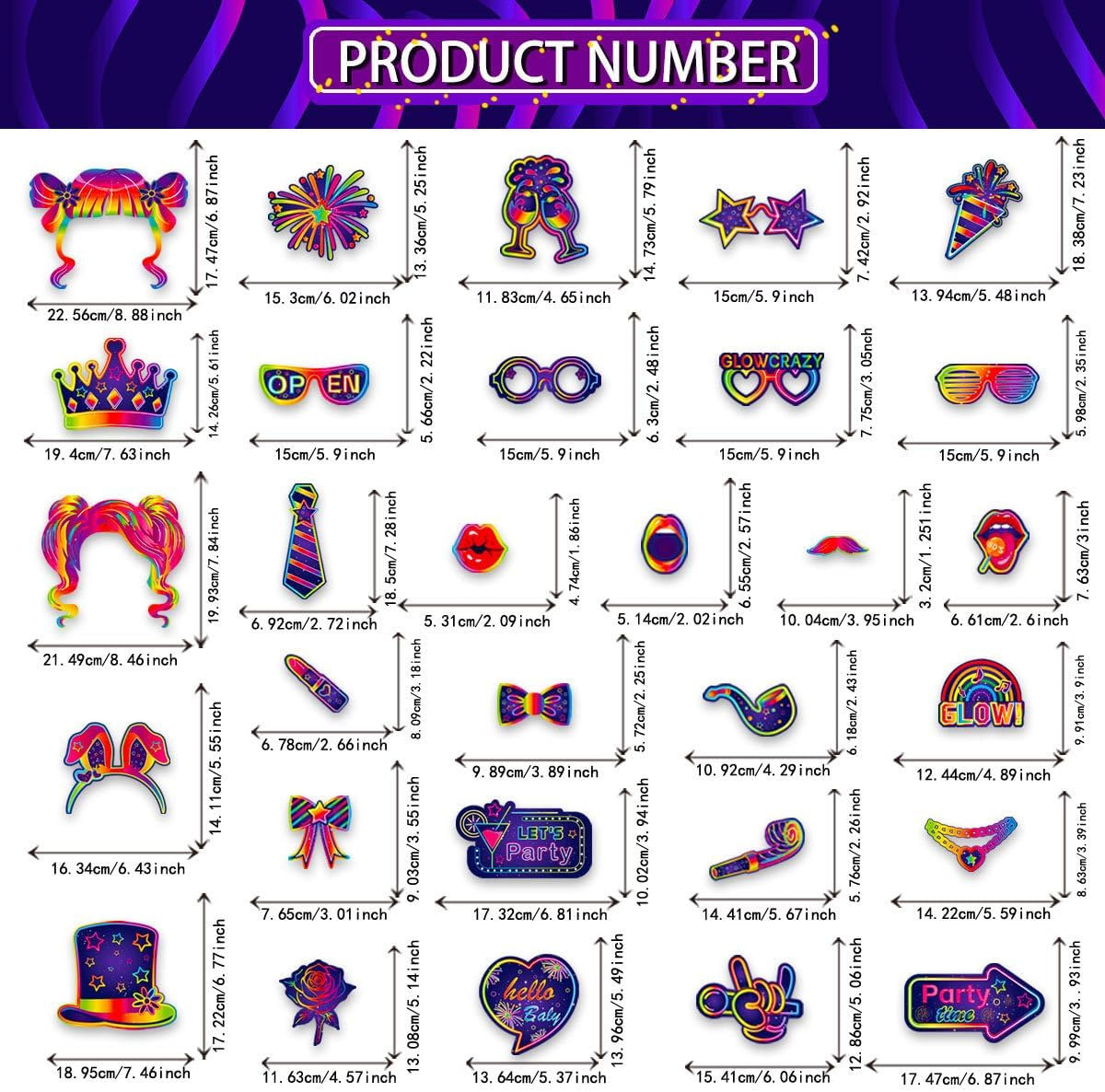 Buziba 30Pcs Glow Neon Photo Booth Props with Stick Neon Theme Selfie Props Party Decoration for Birthday Glow in the Dark Disco Black Light Party Supplies image number 4