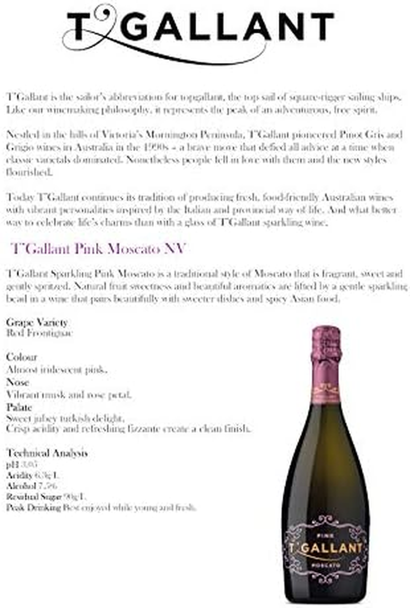 T&rsquo;Gallant Pink Moscato Wine Non-Vintage 750Ml (Case of 6) image number 3