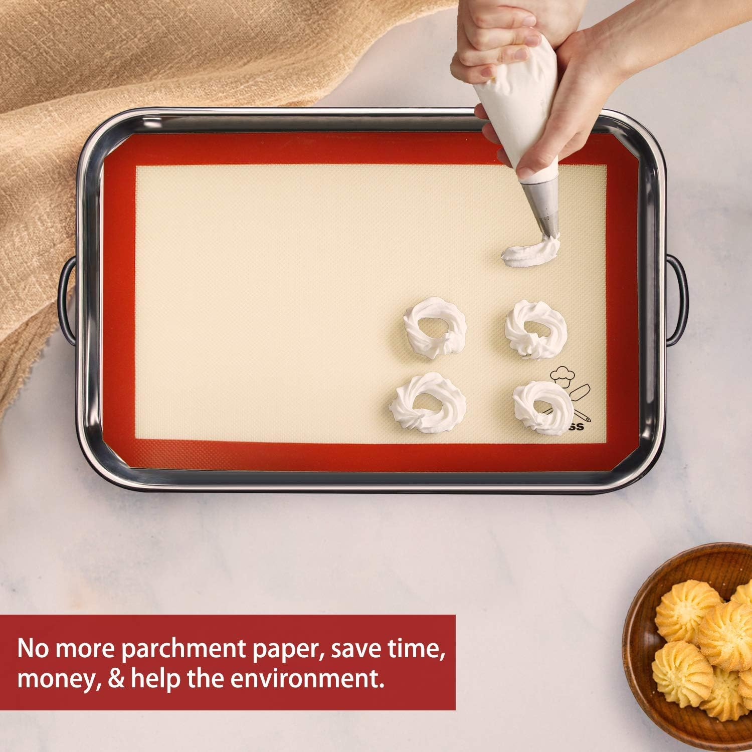 5Pcs Silicone Baking Mats, 2 Half Sheets Mats + 1 Quarter Sheet Liner + 1 round & 1 Square Cake Pan Mat - 100% Food Grade Non-Stick & Silicone Brush, for Baking Cake Cookie image number 5