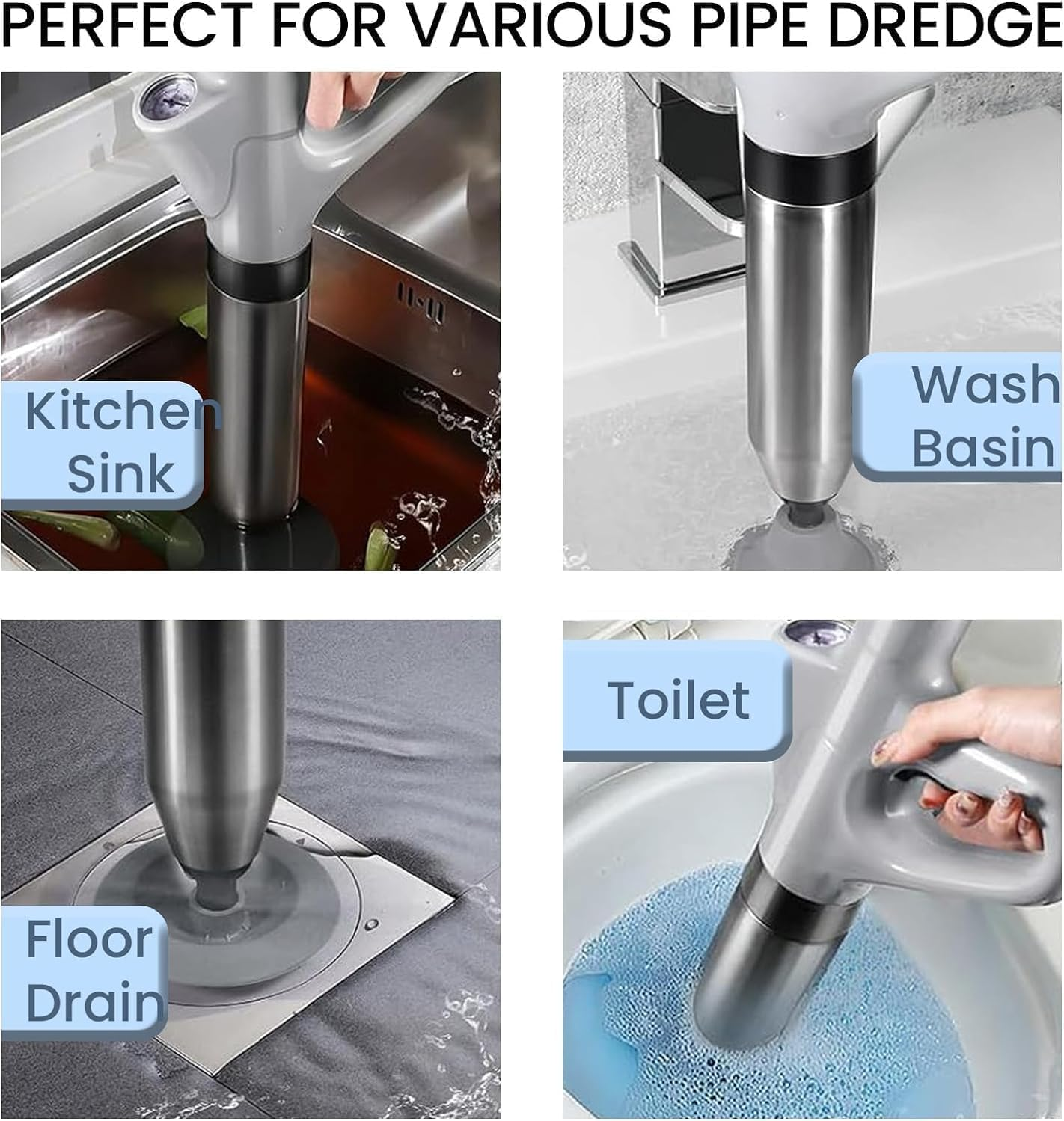 Toilet Plunger, High Pressure Drain Unclogging Tool, Stainless Steel Toilet Unclogger 4 Nozzle Attachments for Sink, Shower & Pipe Blockages | Visual Barometer | Easy-Store Design (Black) image number 3