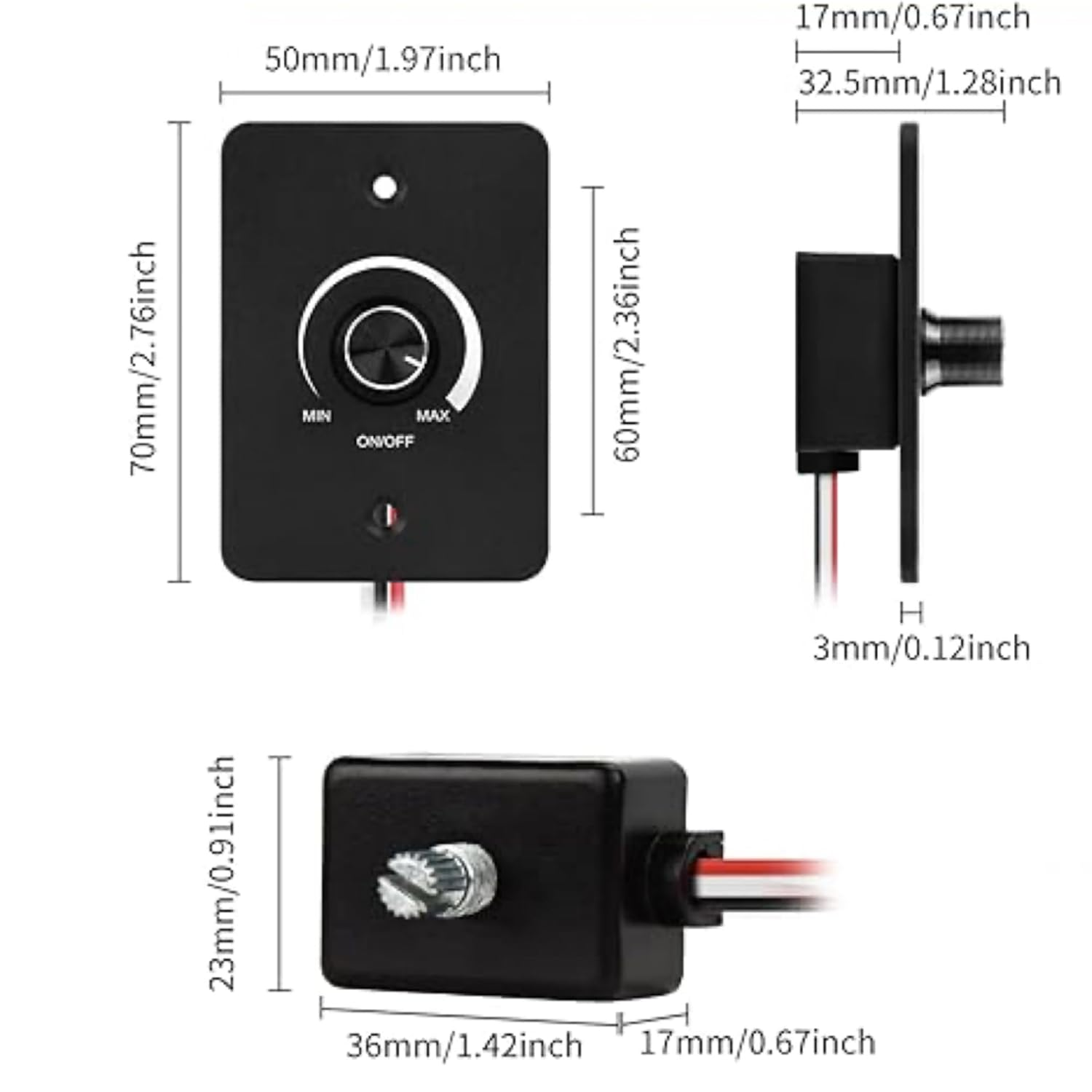 Clearhill DC 12V 5A High Side PWM LED Dimmer Switch, 70Mm X 50Mm,3 Wire Stepless Dimmer for RV, Boat, Truck, Trailer Lights (Black) - Black image number 2