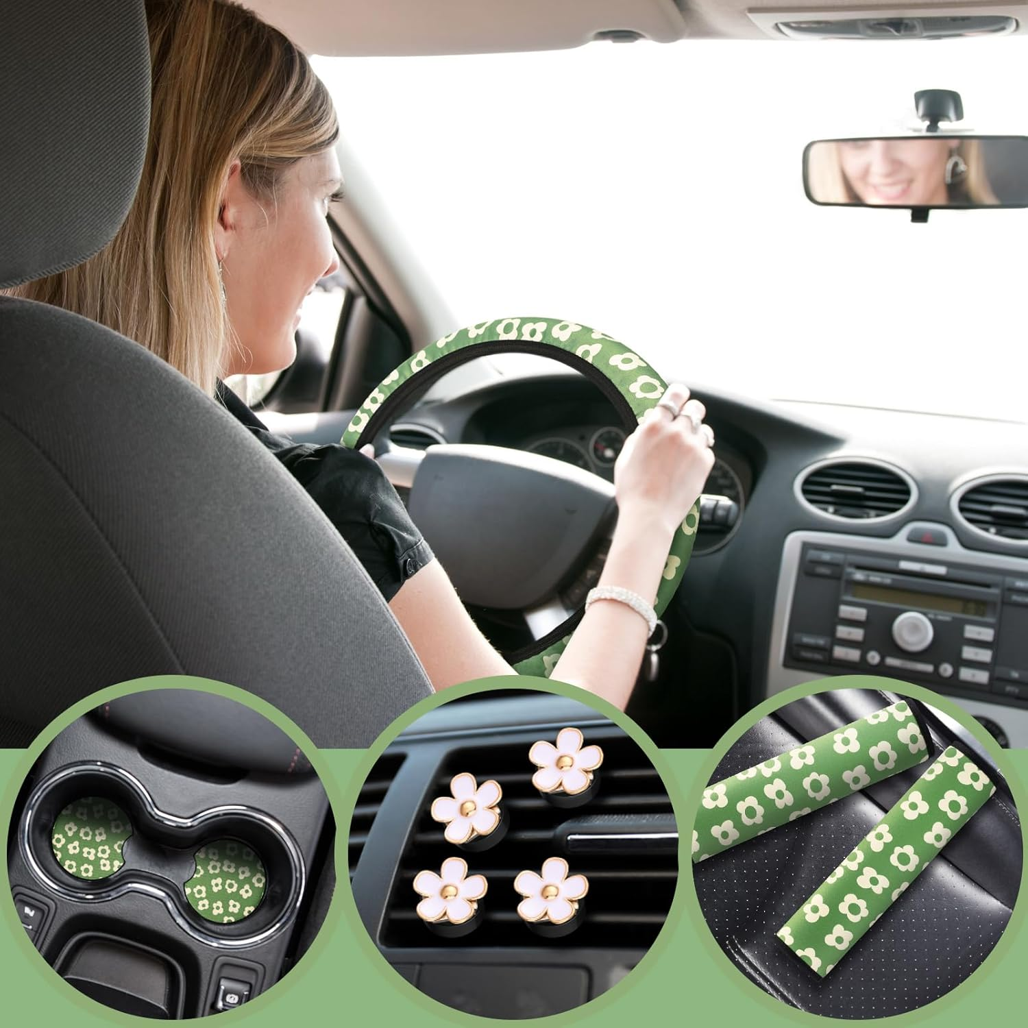 Frienda 10 Pcs Vintage Groovy Car Accessories Set - Floral Steering Wheel Cover, Air Vent Clips, Center Console Armrest Cushion, Car Cup Mats, Seat Belt Covers (Green, White) - Black image number 2