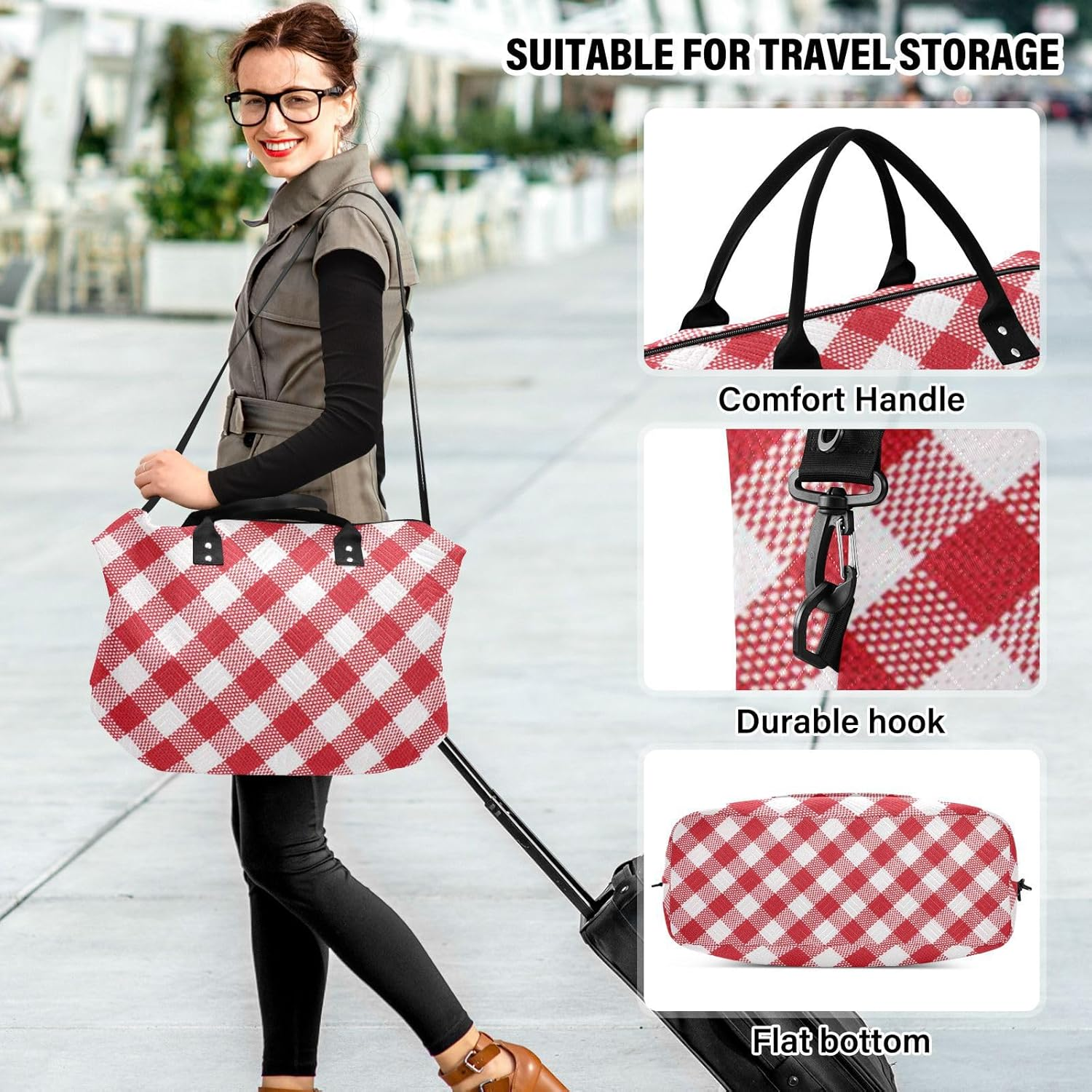 Large Travel Duffel Luggage Weekender Bag Buffalo Plaid Red White Gym Tote Bag with Adjustable Strap for Sports, Buffalo Plaid Check Tartan Scotland Red, Set of 2, Art Deco