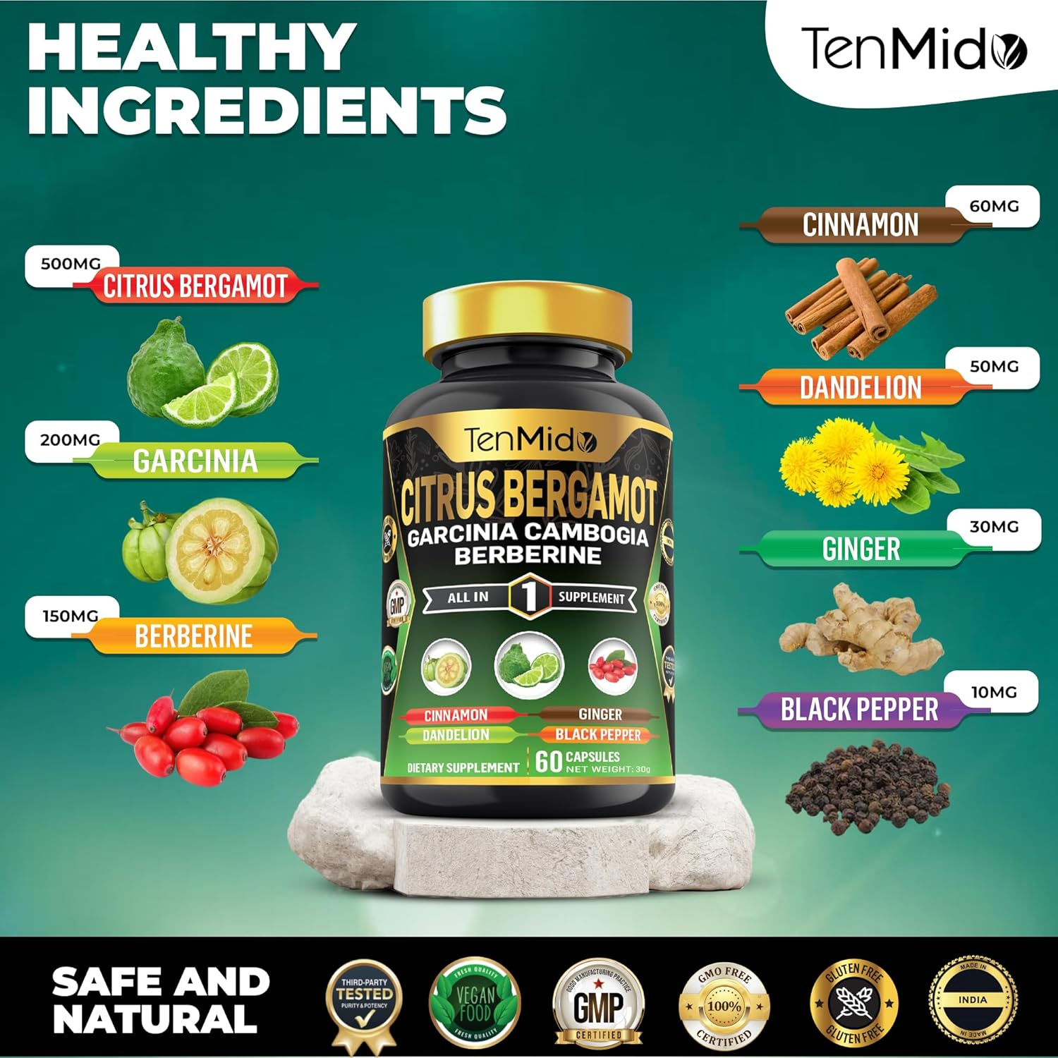 Citrus Bergamot Supplement - Blend with Garcinia Cambogia, Berberine, Cinnamon & More - Body Management, Overall Wellness Support - 60 Vegan & Non-Gmo Capsules image number 2