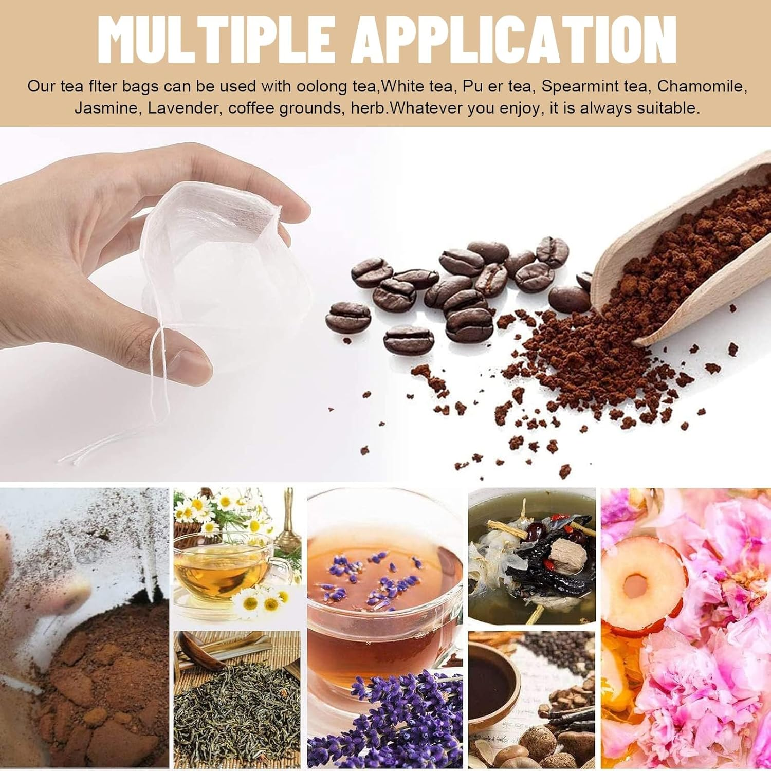 Disposable Tea Filter Bags, 3.1 * 4.7Inch Loose Tea Bags, 200Pcs Drawstring Seal Filter Bags for Loose Tea, Coffee, Herb Lavender, DIY Spice Seasoning (White) image number 4