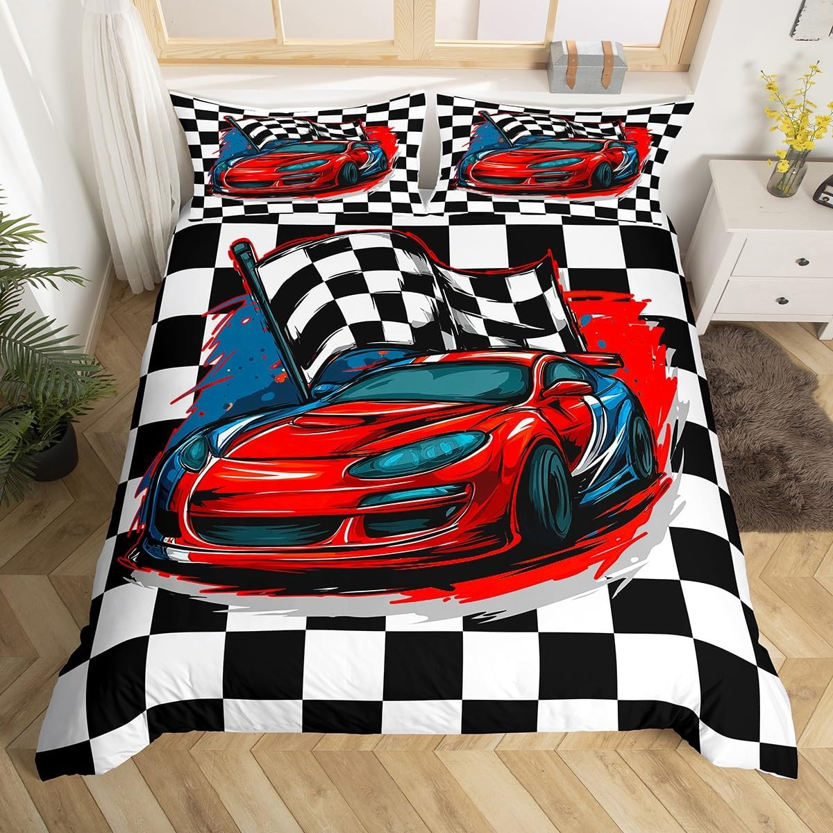 Erosebridal Racing Bedding Set Dirt Bike Duvet Cover Twin Size Race Car Competition Extreme Sports Comforter Cover for Kid Boy Men Red Automobile Bedspread Cover Decor(No Comforter)