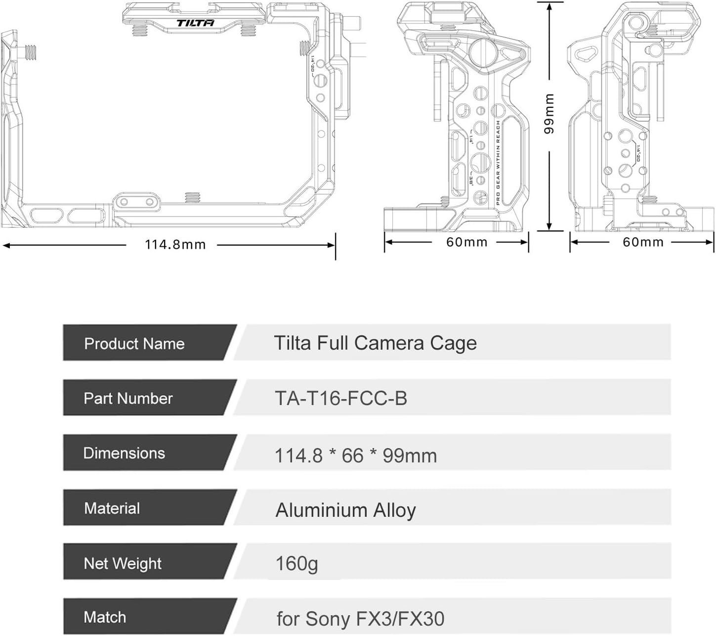 Tilta Full Camera Cage for FX3/FX30 V2 | Top Plate NATO Rail, Cold Shoe, 1/4""-20 and 3/8""-16 | Thumb Screw Design | Black image number 5