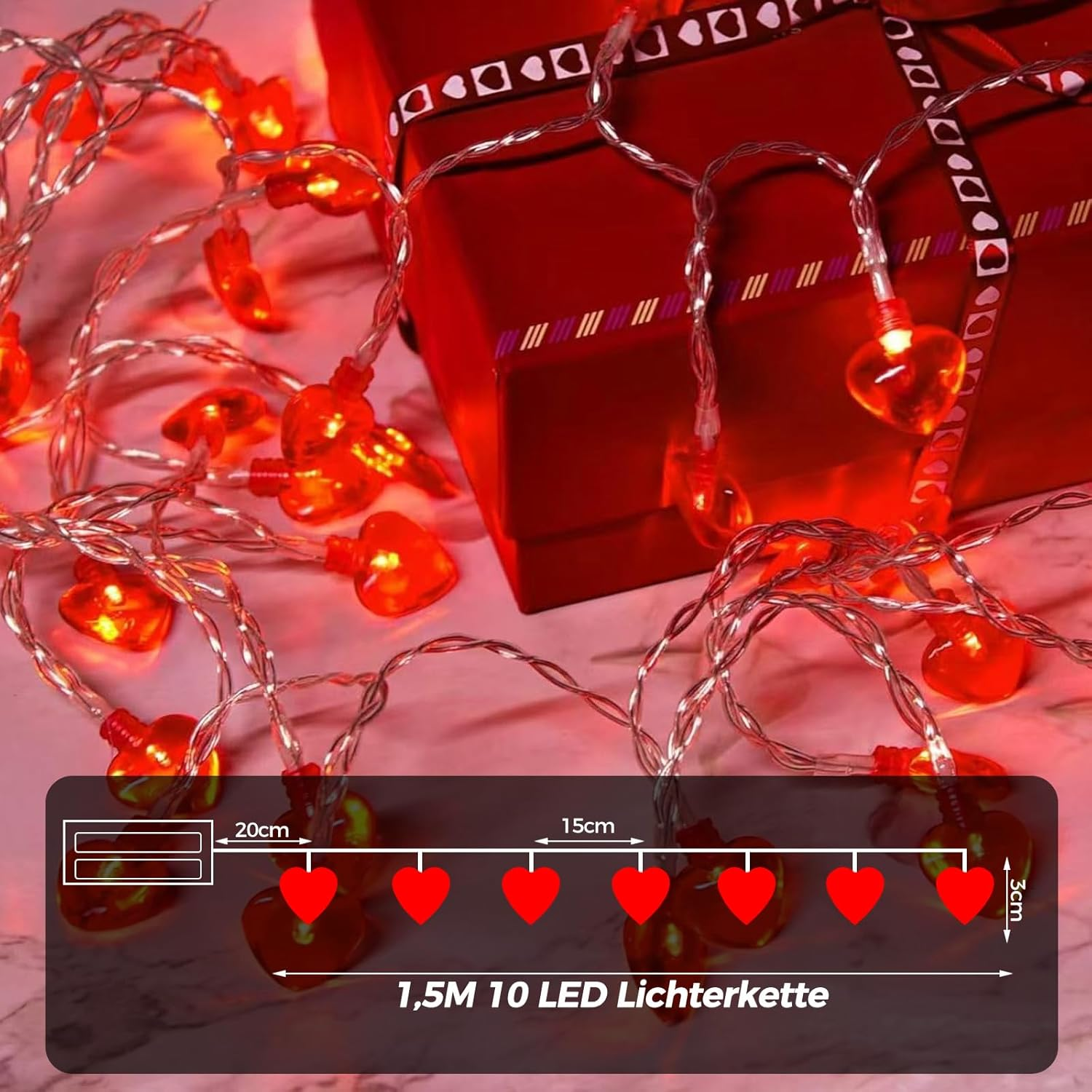 Alegre Fairy Lights Hearts Red, 1.5 M 10 LED Valentine'S Day Heart-Shaped Fairy Lights Battery, Fairy Lights Hearts Indoor, Valentine'S Day Decoration, Heart Fairy Lights for Christmas, Anniversaries image number 1