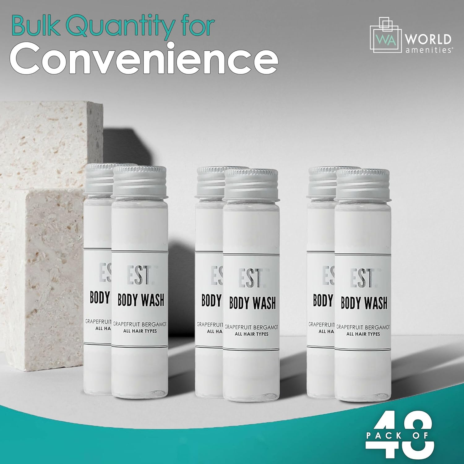 World Amenities EST. Body Wash with Grapefruit-Bergamot Fragrance, Biodegradable/Recyclable Bottle with Screw Top, 1.41Oz / 40Ml , Pack of 48 image number 5