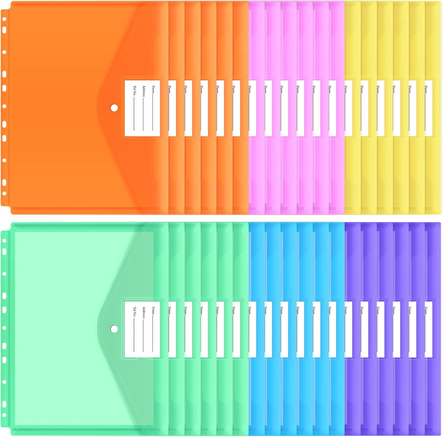 EOOUT 30Pcs Binder Pocket, Binder Pockets for 3 Ring, Binder Folders, 11 Holes, Letter Size, Snap Button Pouch with Label for School, Home and Office