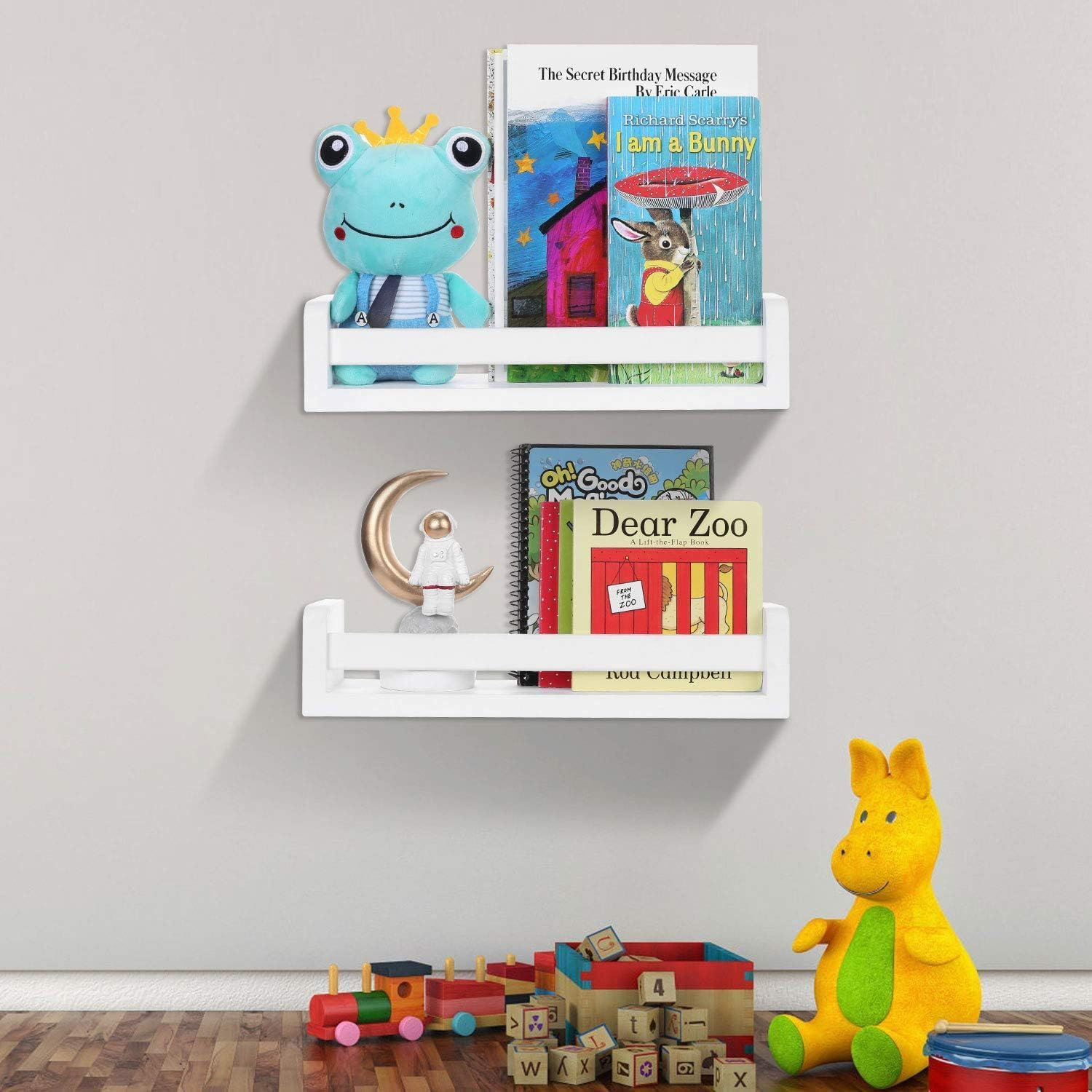 2 Pack Wooden Floating Bookshelf for Nursery Storage, Rustic Wall Mounted Shelves for Kitchen Spice Rack, Wall Hanging Shelf Organizer for Entryway, Bathroom, Bedroom, Living Room (White) image number 5