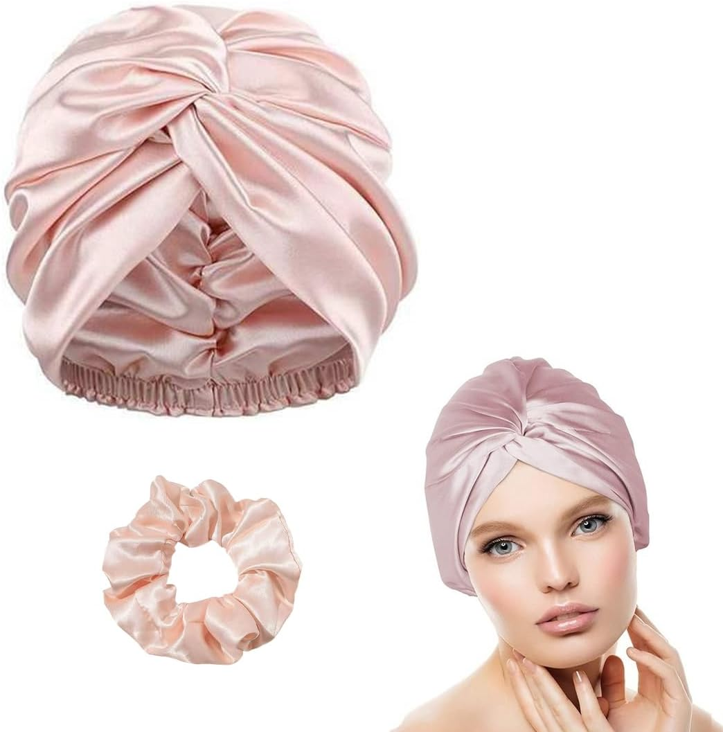 JYNVO 2 Pack Breathable and Soft Satin Sleep Cap and Scrunchie Hair Scrunchie Keeps Curls in Shape Prevents Frizz and Hair Breakage Suitable for Women with Any Hair Type image number 1