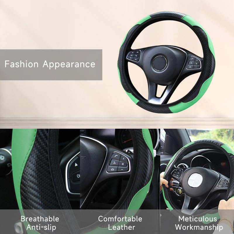 Car Steering Wheel Cover, Universal Size Steering Wheel Cover Fits 37-38 Cm/14.5-15 Inch, Non-Slip Carbon Fiber Microfibre, Breathable Car Accessories Steering Wheel Cover, Green - Blue image number 6