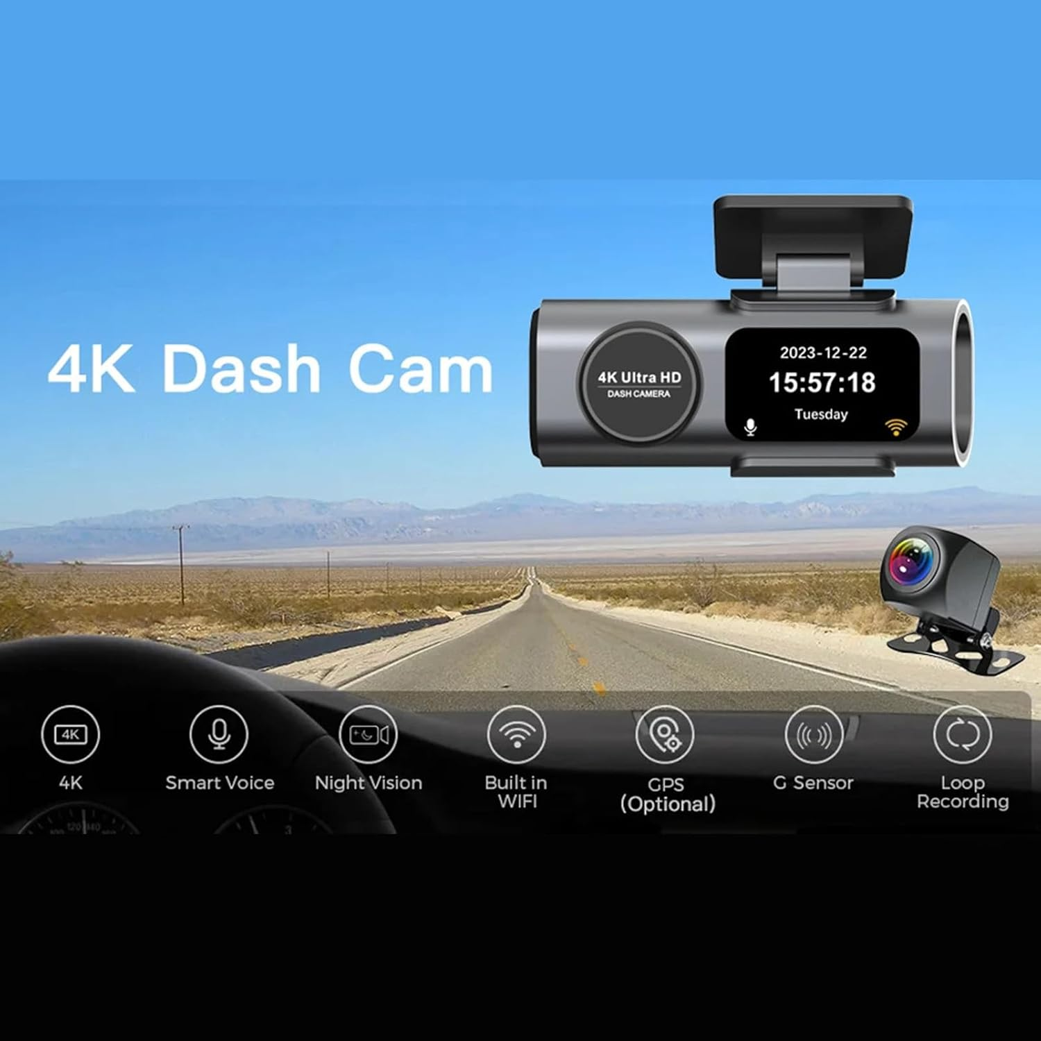 Diyeeni Dash Cam Front and Rear, 4K Ultra HD+1080P Dash Camera for Cars, Built in GPS, Mini Car Camera, App, Night Vision, G Sensor, 24H Parking Mode, Loop Recording