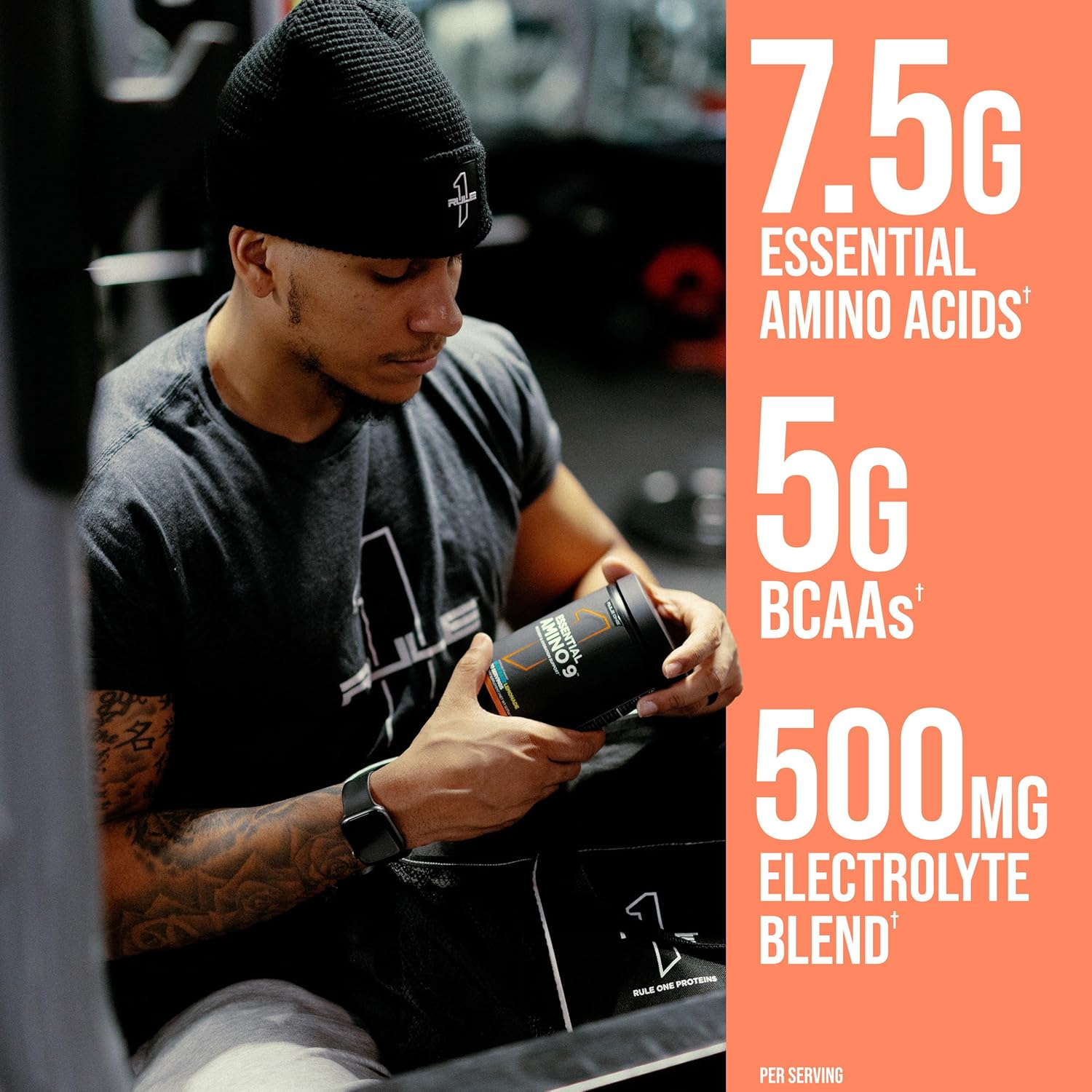 Rule 1 Essential Amino 9 Recovery & Hydration Support Supplement 345 G, Peach Mango (30 Servings) image number 2