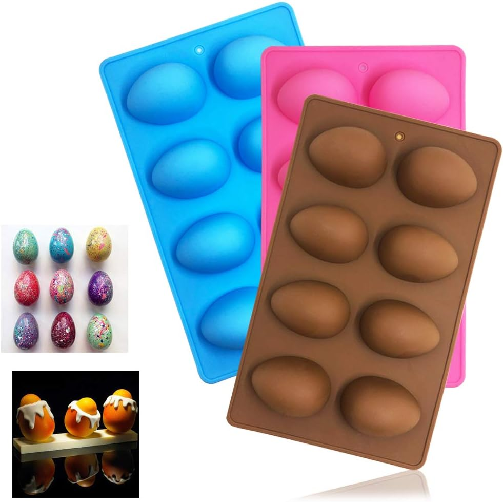 SENHAI 3 Pcs Egg Shape Silicone Molds, 8-Cavity Food-Grade Baking Mold for DIY Cake Decoration,Chocolate, Pastry, Muffin, Bread, Ice Cube, Soap - Pink, Blue, Brown image number 2