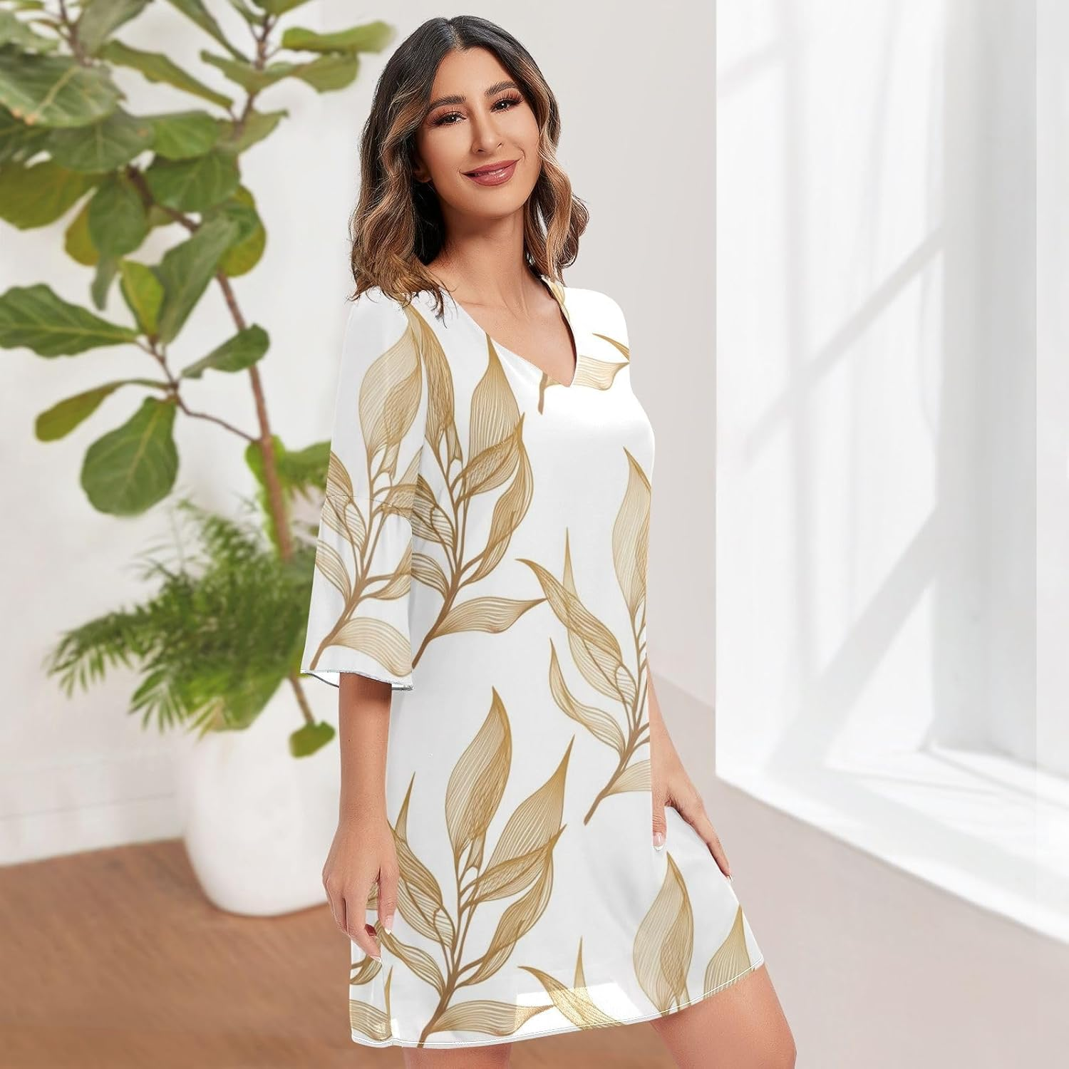 Leaf White Short Summer Dress 3/4 Sleeve Maternity Dress Party S-XXL