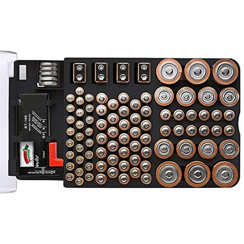 The Battery Storage Case,Organizer with Hinged Clear Cover, with Battery Tester, Holds 93 Batteries Various Sizes, Black image number 5