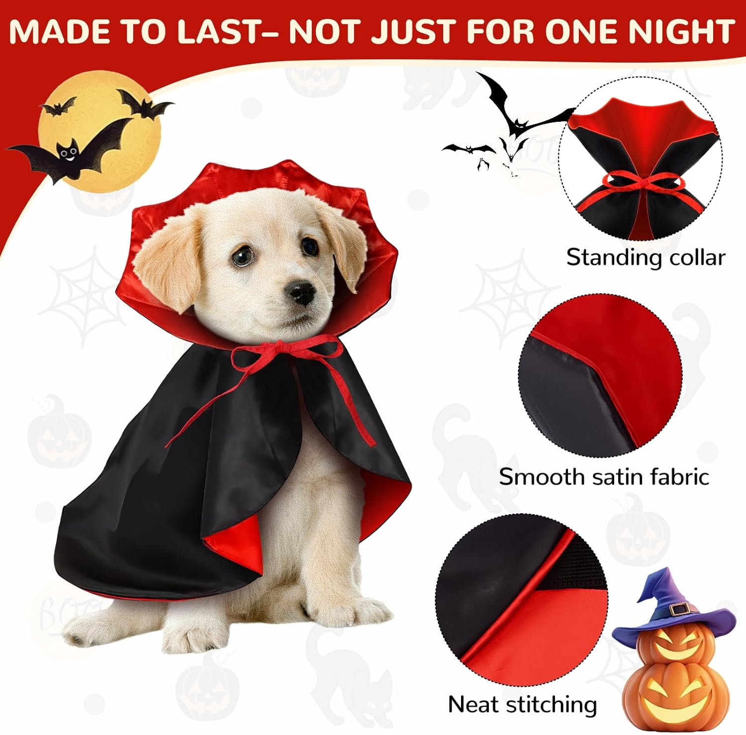 HSSPYY Halloween Dog Cape M (50Cm) &ndash; Vampire Cloak with Stand-Up Collar for Medium Dogs, Double Secure Fit (Neck & Chest), Durable & Comfortable Costume for Halloween Parties & Photos image number 5