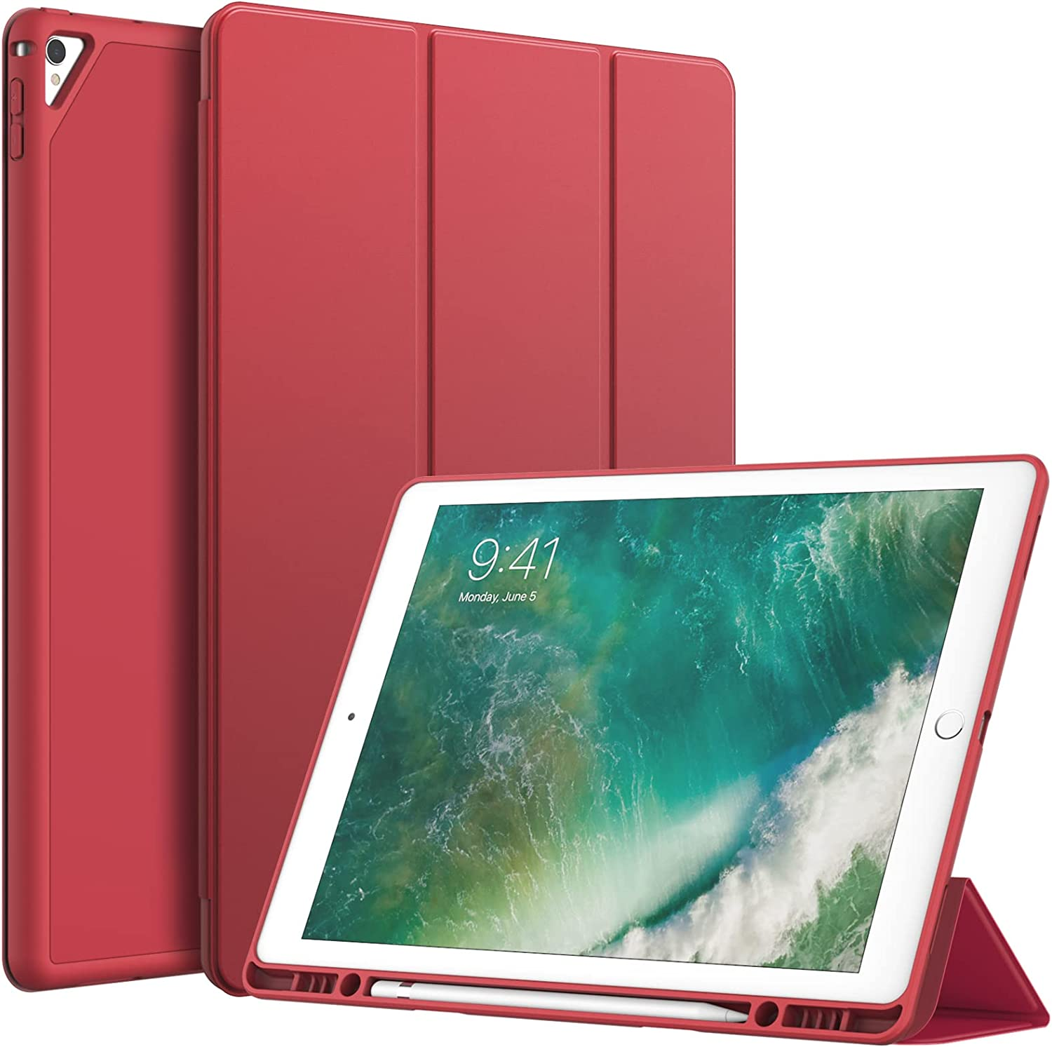 Jetech Case for Ipad Pro 12.9 Inch (2015/2017 Model, 1St/2Nd Generation) with Pencil Holder, Slim Tablet Cover with Soft TPU Back, Auto Wake/Sleep (Red)
