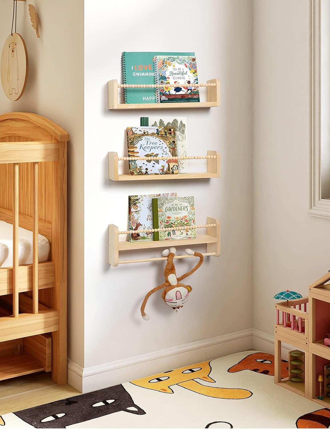 Nursery Floating Shelves for Wall, Set of 3 Book Shelves Natural Wood Wall Mounted Organizer with Towel Bar Hanging Bookshelves Nursery Decor for Kids Room, Bedroom and Kitchen image number 1