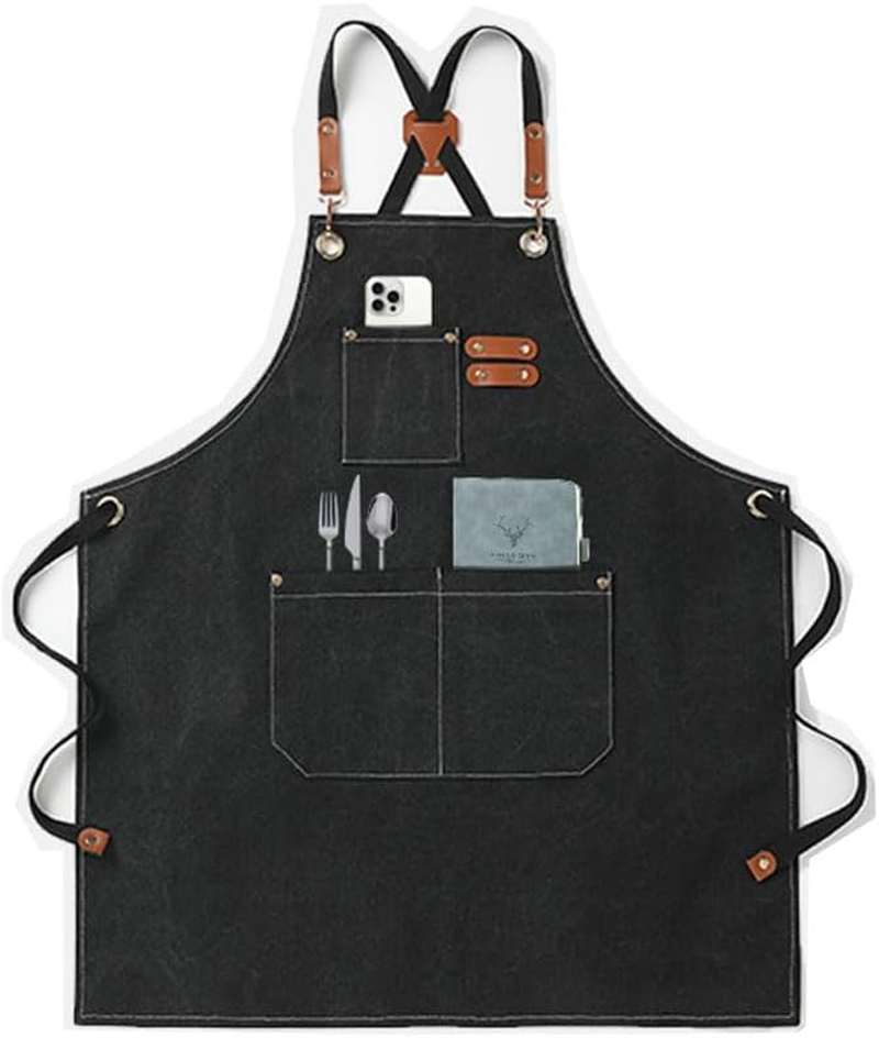 MTSDM Canvas Aprons, Work Aprons for Men Women, Adjustable Luxury Waxed Canvas Shop Apron Chef Aprons with 3 Pockets & Cross-Back Straps Tool Apron for Shop, Garden, Restaurant, Bartender, Barista image number 4