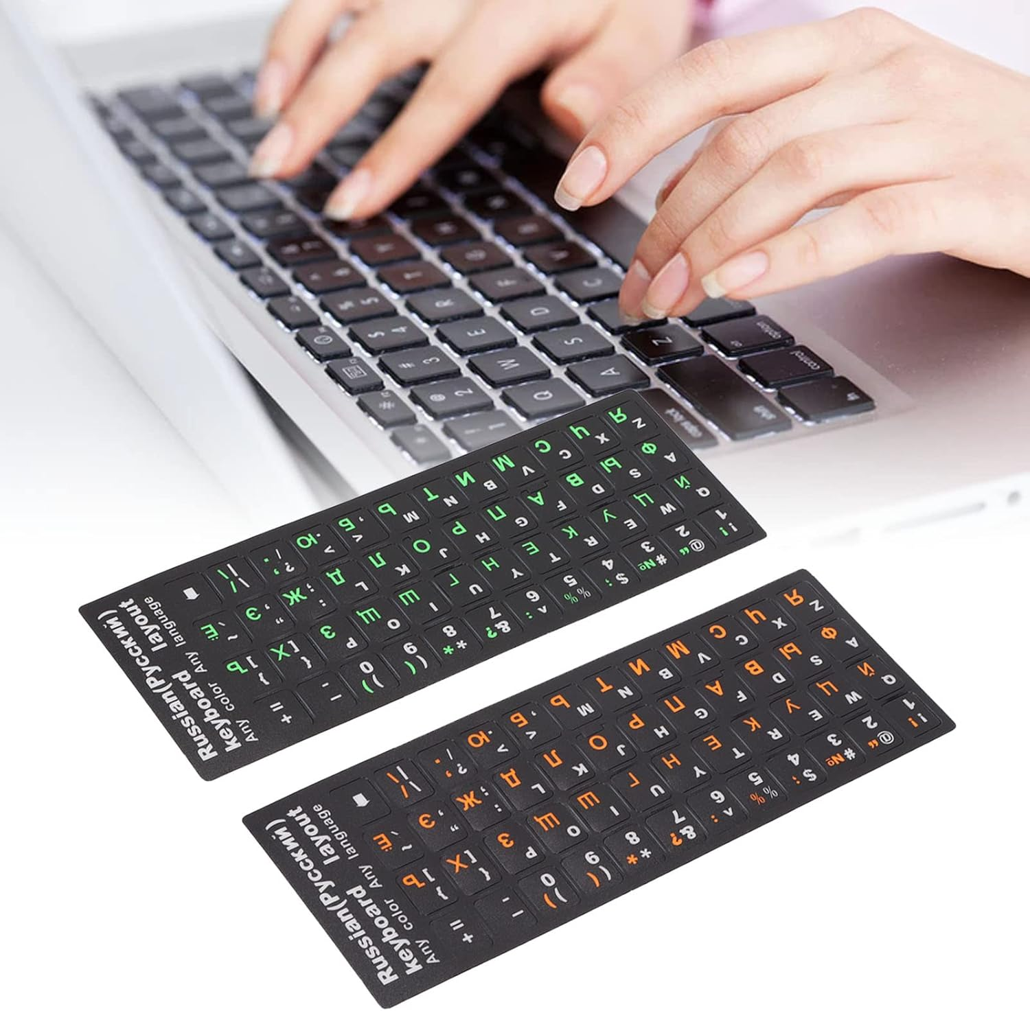 Cryfokt 2Pcs Russian Keyboard Stickers, Unique Coating, Waterproof Dustproof, Cyrillic Keyboard Letter Replacement, Green & Orange, PVC Material, PC Laptop Desktop image number 6