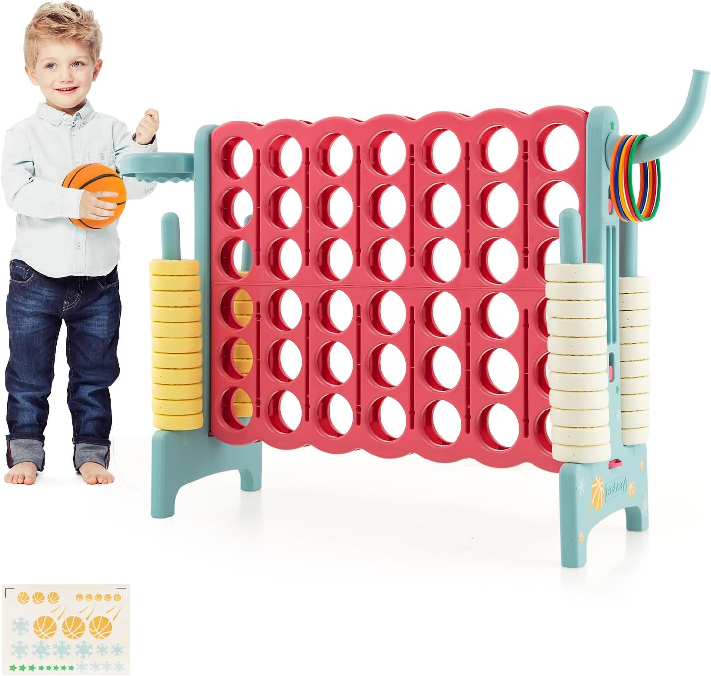 Costway Giant 4-In-A-Row Game, Oversized Jumbo 4-To-Score Game Set W/Quick-Release Lever, Upgraded Stickers for Kids & Adults, Connect Plastic Game W/42 Jumbo Rings for Indoor & Outdoor (Blue+Pink) image number 1