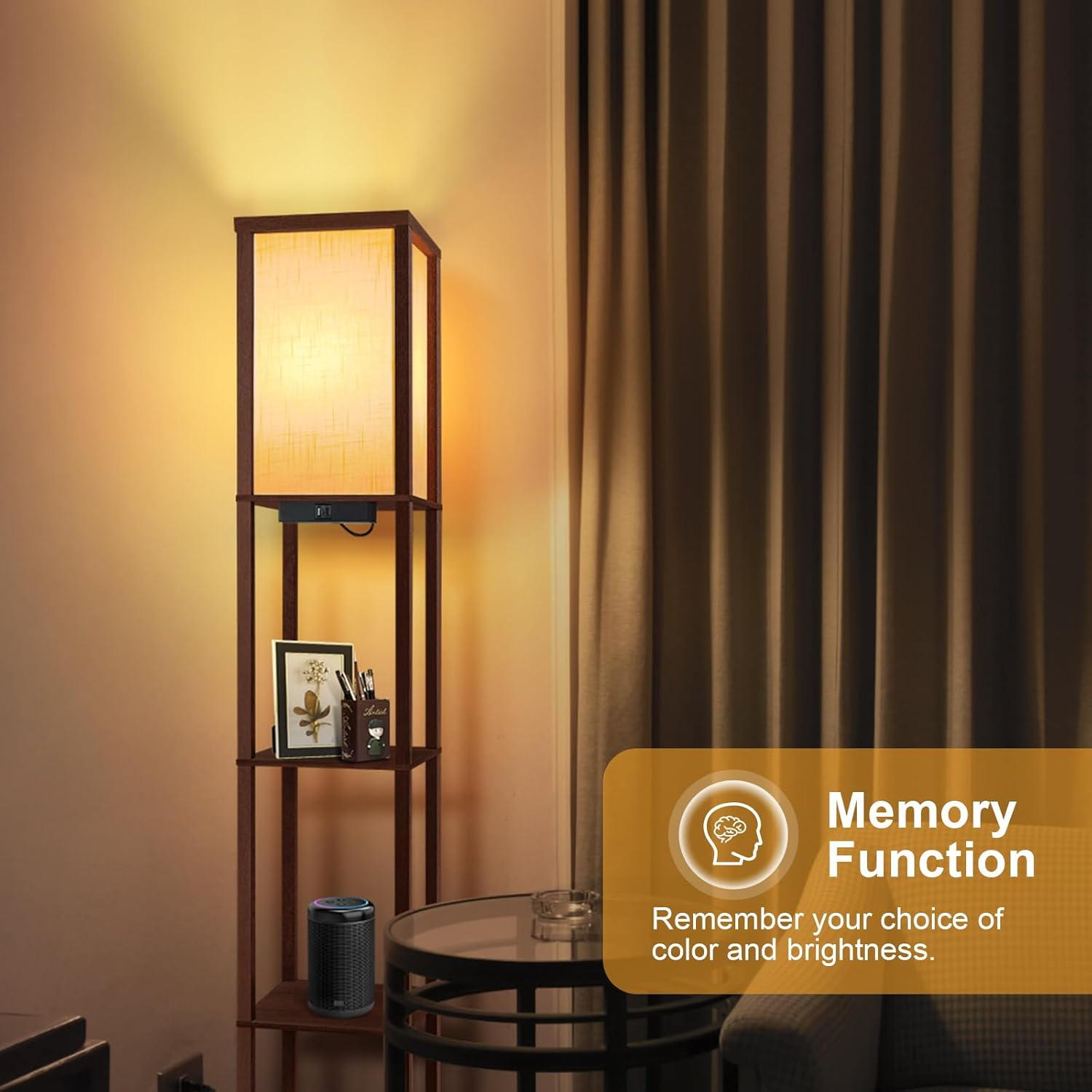 OUTON Floor Lamp with Shelves, LED Column Modern Floor Lamp with USB & Type C Port, 3 Color Temperatures, Wooden Standing Lamp with White Linen Shade for Living Room Bedroom Office (Walnut Brown) image number 2