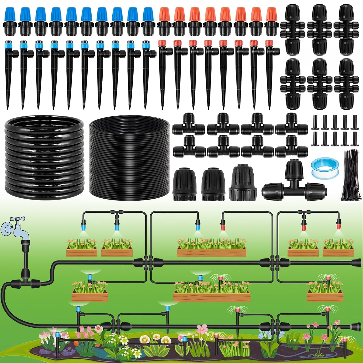 240FT Drip Irrigation System Kits - Automatic Garden Watering Sprinkler with 1/2 & 1/4 Inch Tubing Hose Patio Misting Plant Irrigation Water Equipment Quick Connector for Greenhouse Flower Beds Lawn image number 2
