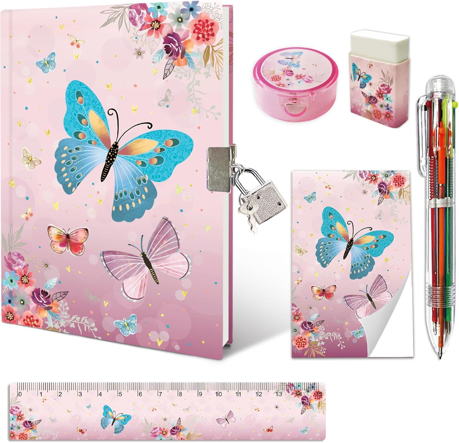 Set of Girls Diary with Lock, Butterfly Kids Journal Pen Set Includes 7.1X5.3 Inches Pink Girls Notebook Memo Pad Ruler 6 Multicolored Pen Sharpener Eraser Stationary Kit Gifts for Girls 6-10 Year