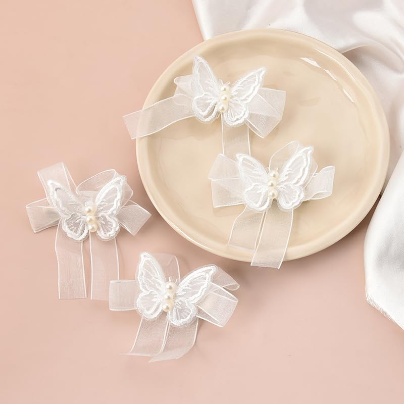 Small Butterfly Hair Clips for Women Girls - Mini Lace Bow Set White Tulle Hair Accessories - Flower Girl Hair Clips for Wedding - Decorative Pearl Bow Barrette 4 Pack image number 5