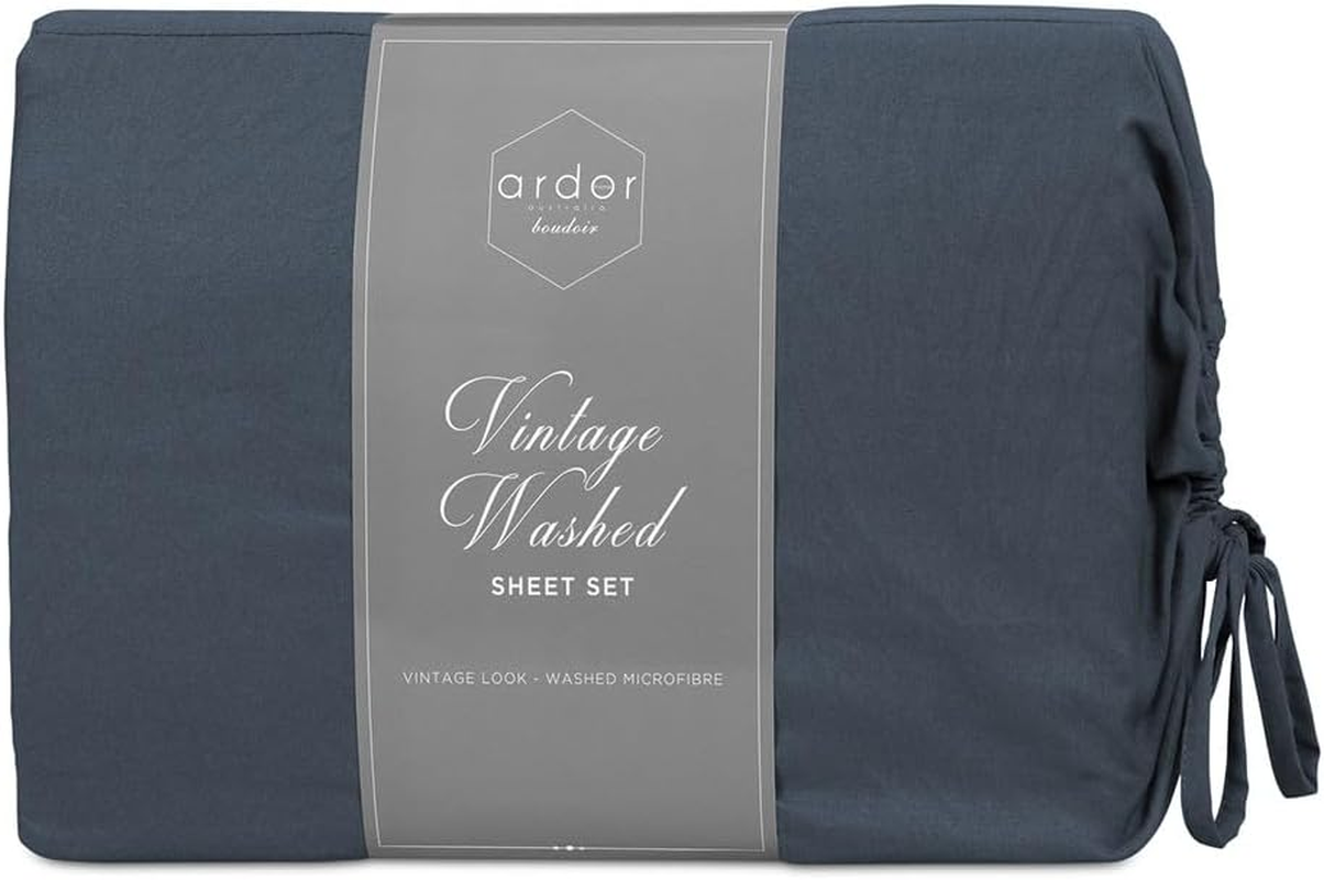 Vintage Washed Fitted Bed Sheet Set, Navy, Double image number 1