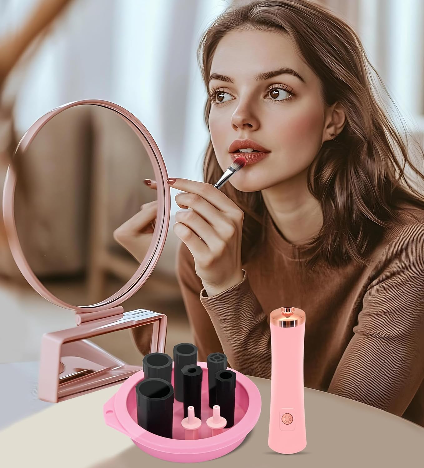 YBVABE Makeup Brush Cleaner and Dryer &ndash; Electric 10S Quick Clean & Dry with Foldable Silicone Bowl &ndash; Portable Spin Cleaning Tool for All Makeup Brushes &ndash; Battery & Rechargeable Options image number 2