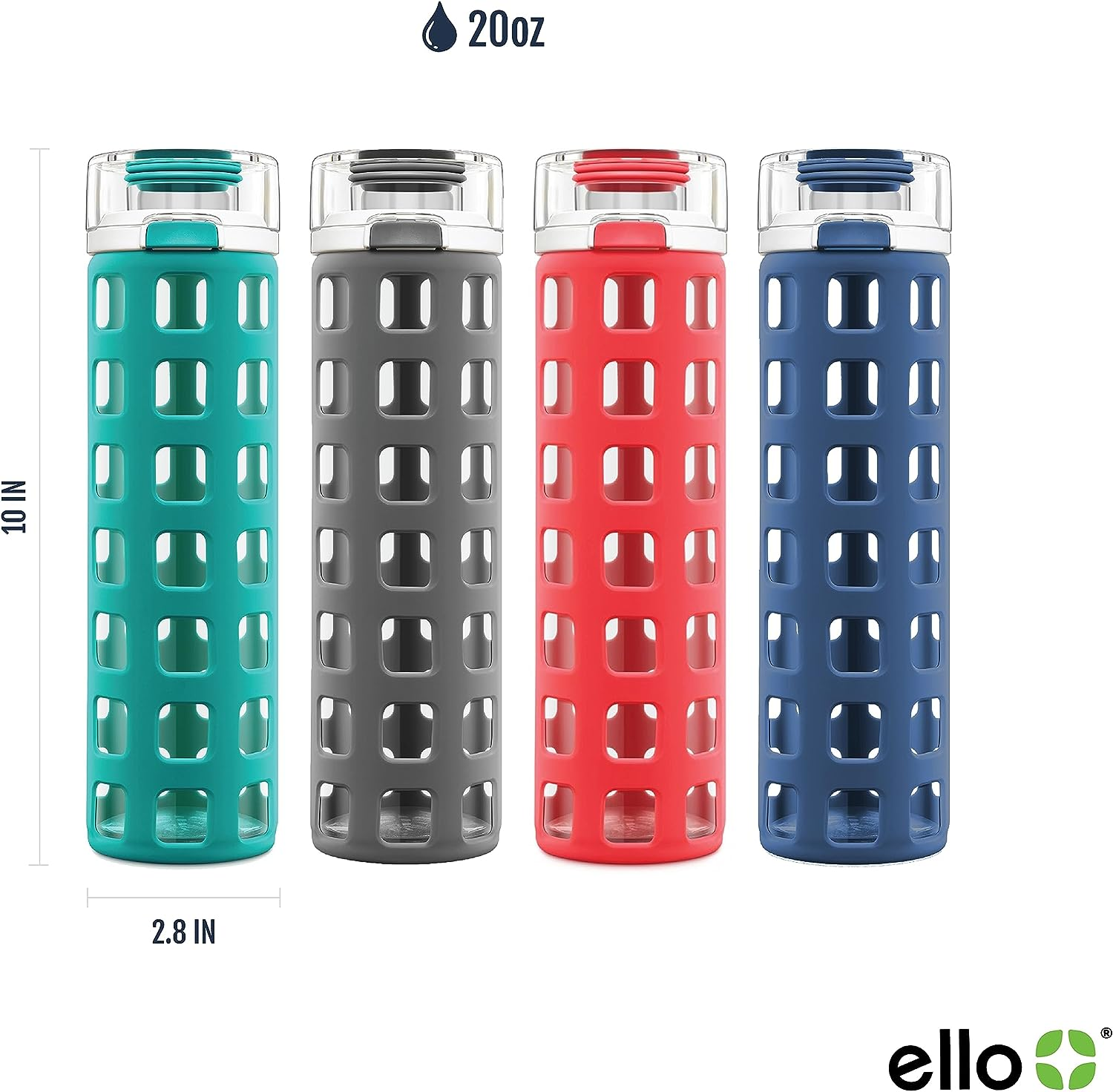 Ello Syndicate Glass Water Bottle with One-Touch Flip Lid and Protective Silicone Sleeve and Carry Loop, BPA Free, Dishwasher Safe,20Oz - Alligator image number 2