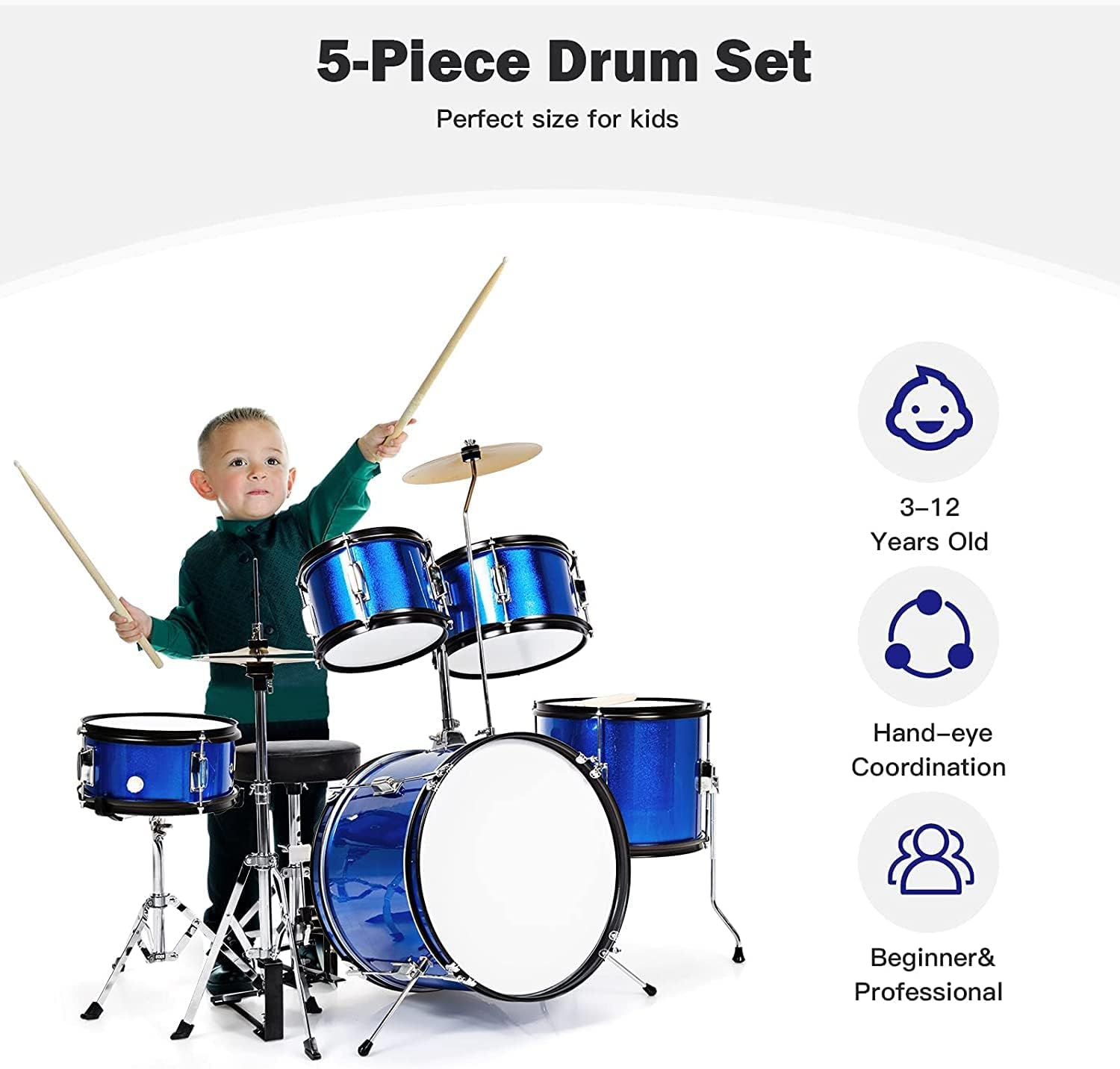 HONEY JOY 16&rdquo; Kids Drum Set, 5-Piece Full Size Complete Junior Drum Set W/Adjustable Throne, Cymbal, Hi-Hat, Pedal & Drumsticks, Beginner Drum Kit W/Bass Snare Tom Drum, Age 3-12 (Blue) image number 2