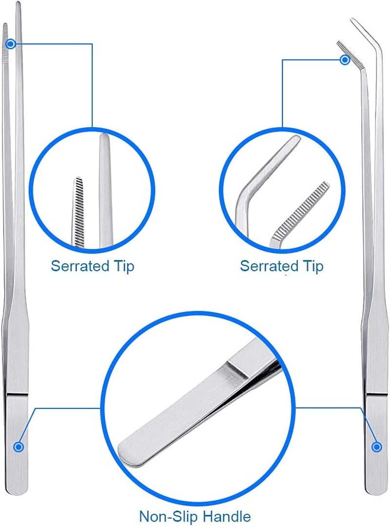 MMOBIEL 2 Pcs Stainless Steel Tweezers/Tong 27Cm / 10.6 Inch Extra Long Straight/Curved with Precision Serrated Tip for Aqua Scaping, Garden Work, Cooking, Industrial Work, Laboratory Use. image number 5