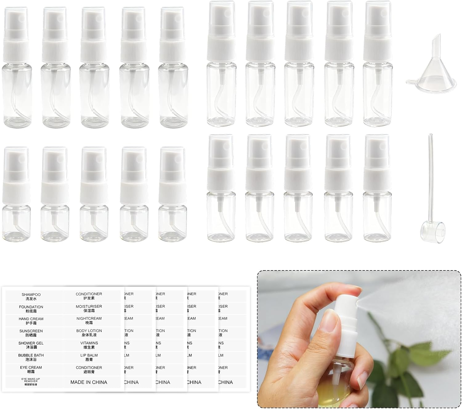 Ozessence 27 Pcs Spray Bottle Set, 5/10/15/20Ml Refillable Travel Perfume Atomiser (5 Each) with Fine Mist Nozzle Labels & Funnel, Leakproof Mini Spray Bottles for Cosmetics Hair Care Toiletries image number 1