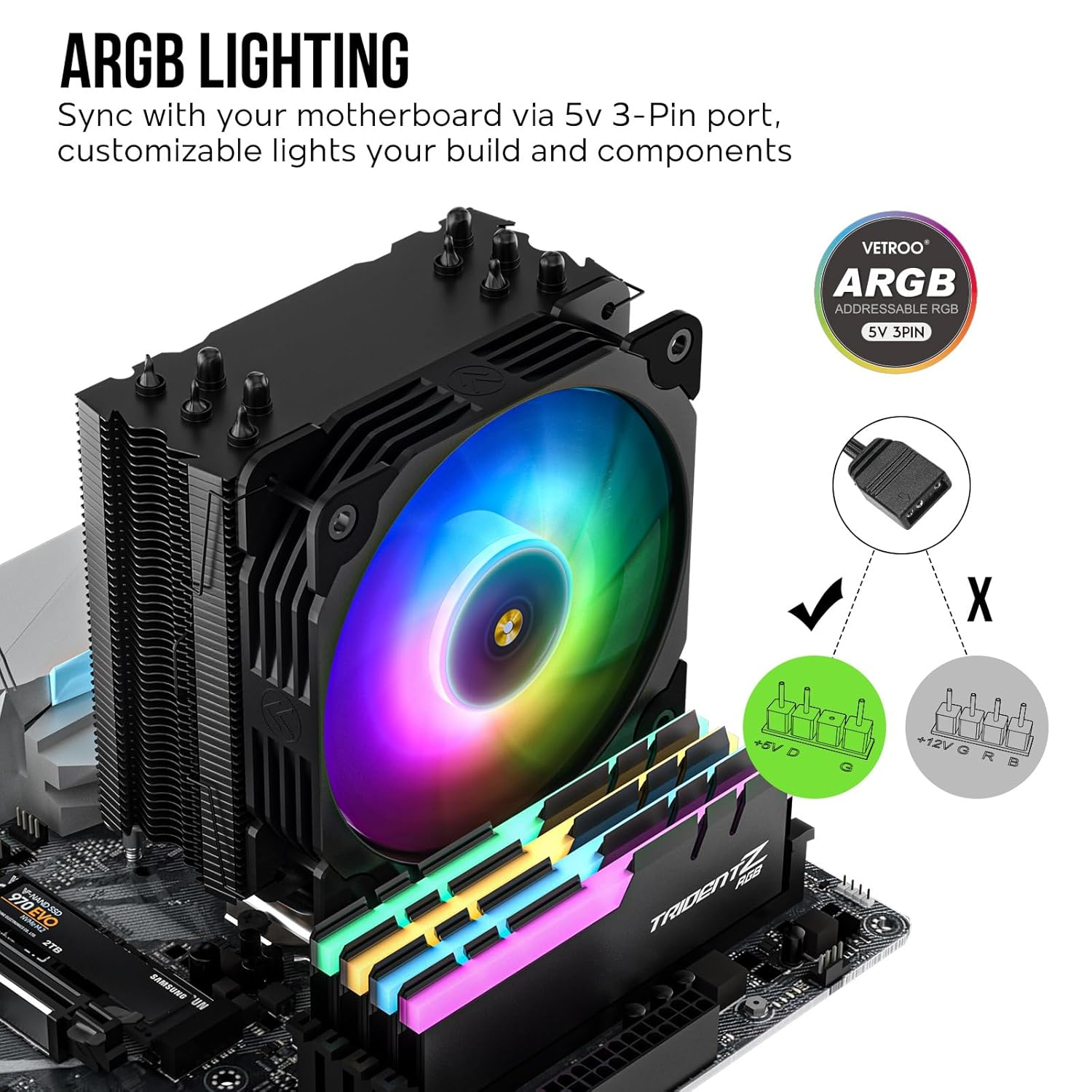 Vetroo V5 Black CPU Cooler W/5 Heat Pipes 120Mm ARGB & PWM Fan 150W TDP Air Cooler for Intel LGA 1700/1200/115X AMD AM5/AM4 W/Addressable RGB Lighting Sync - White image number 4