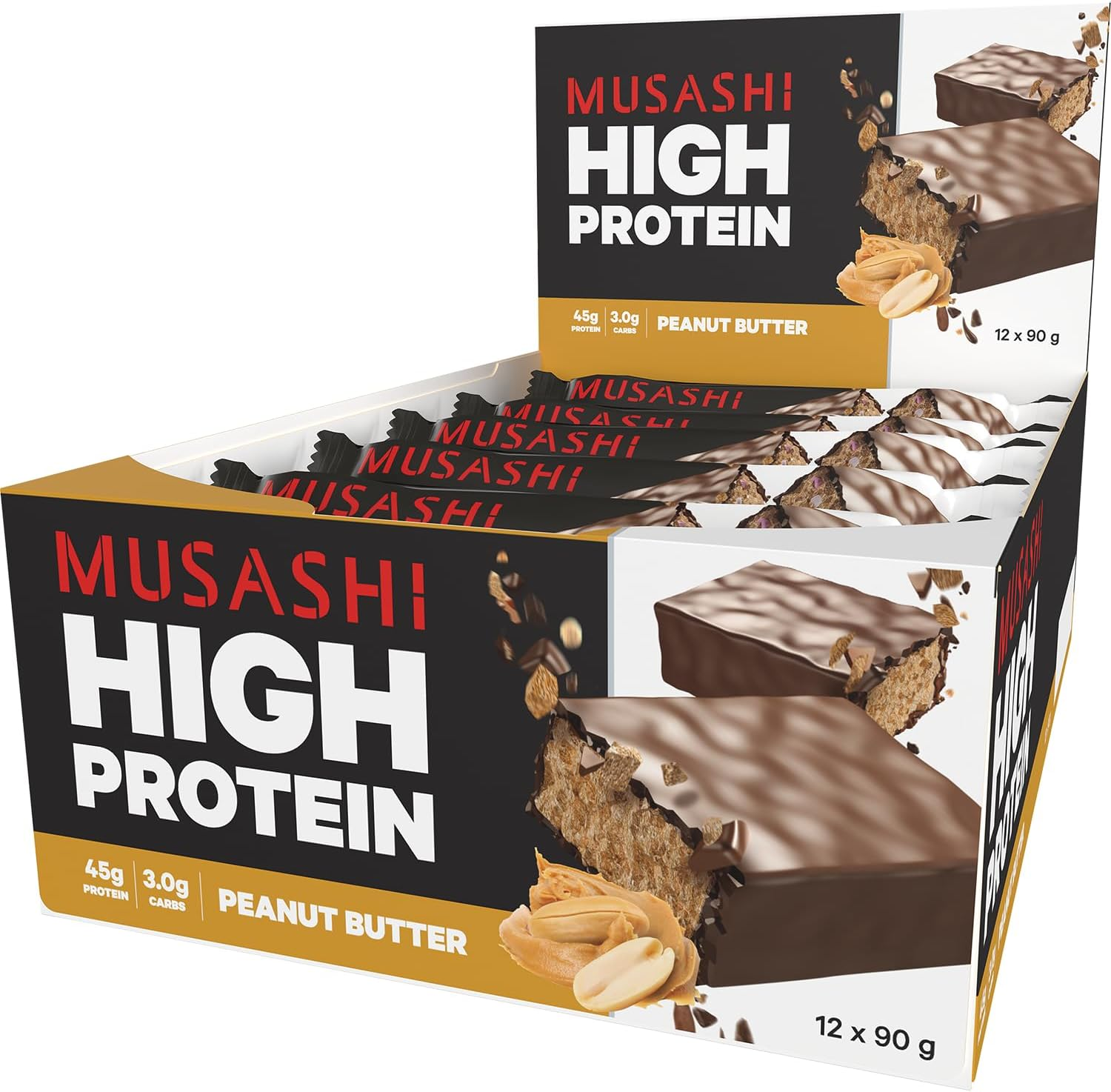 Musashi High Protein Bar, Peanut Butter Flavour, 90G &ndash; 12 Pack Muscle Recovery Bar with 45G Protein for Strength, Energy & Performance image number 1