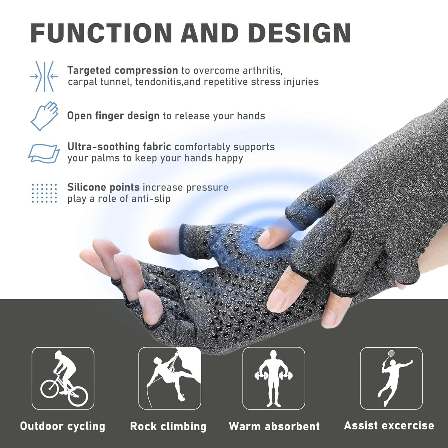 LXMY 2 Pairs Arthritis Gloves,Compression Gloves,Providing Warmth and Compression to Promote Healing,Fingerless Design,Relieve Pain from Rheumatoid Arthritis and Carpal Tunnel, Grey(2 Pair), L image number 5